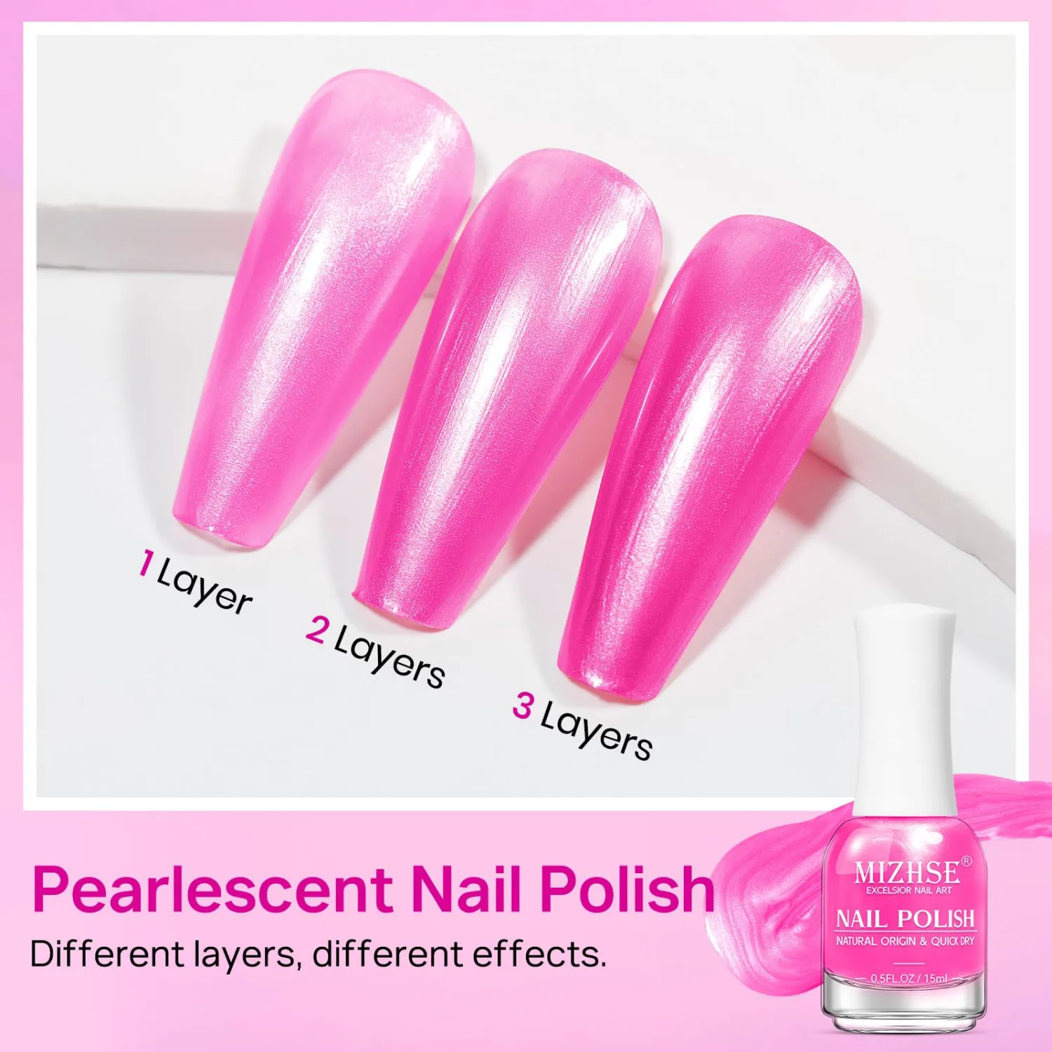 MIZHSE Pearl Hot Pink Nail Polish, Quick Dry Non Gel Shimmering Nail Polish