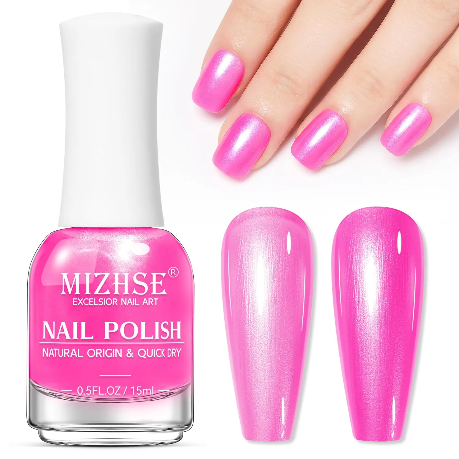 MIZHSE Pearl Hot Pink Nail Polish, Quick Dry Non Gel Shimmering Nail Polish