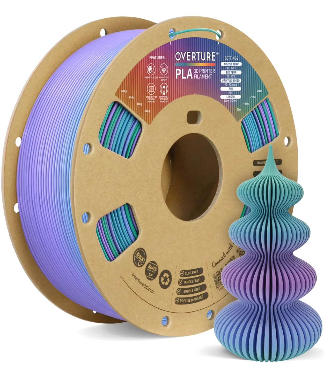 OVERTURE Rainbow PLA Filament, 3D Printer Filament, 1kg Northern Lights