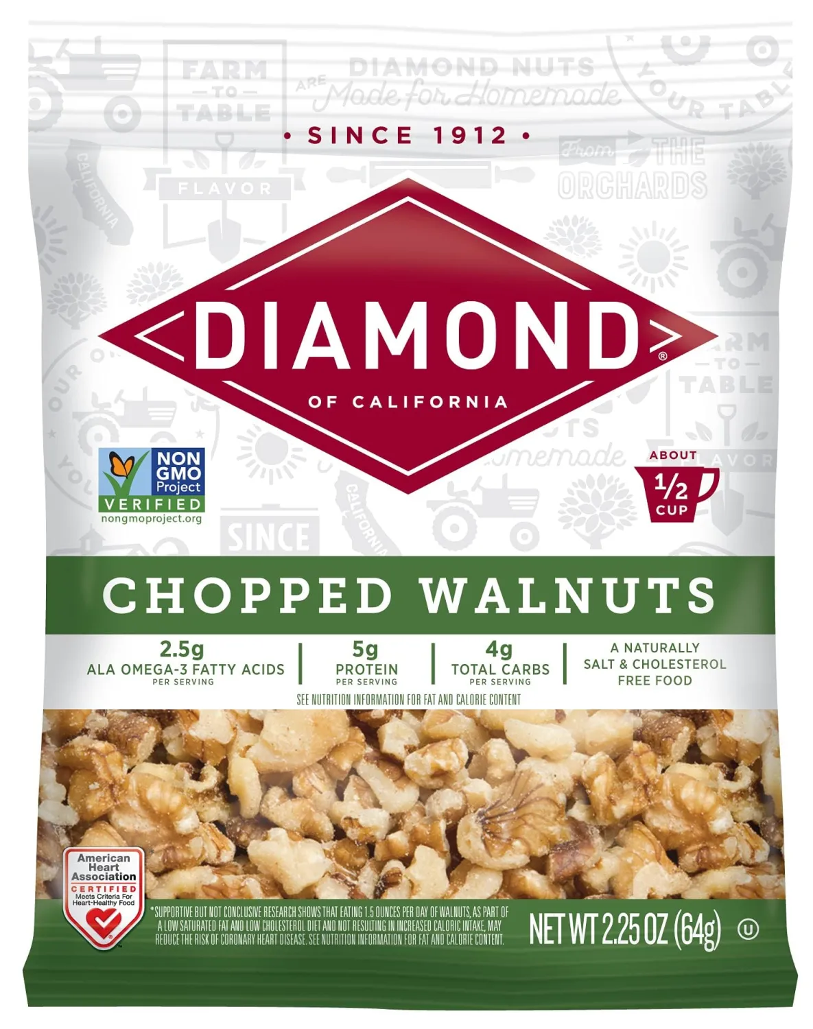 Diamond of California Chopped Walnuts, 2.25 oz - 12 count