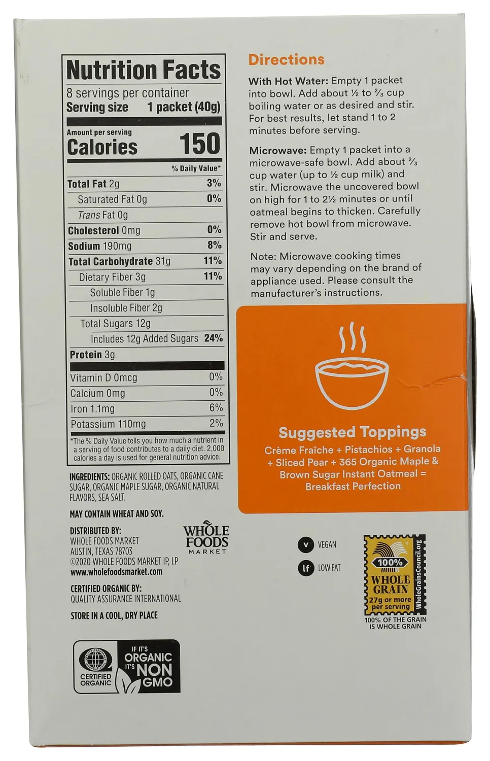365 by Whole Foods Market, Organic Maple & Brown Sugar Instant Oatmeal Packets, 1.41 Ounce (Pack of 8)