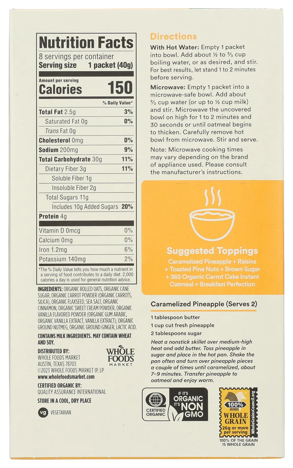 365 by Whole Foods Market, Organic Instant Oatmeal, Carrot Cake, 8 Count, 11.3 Ounce