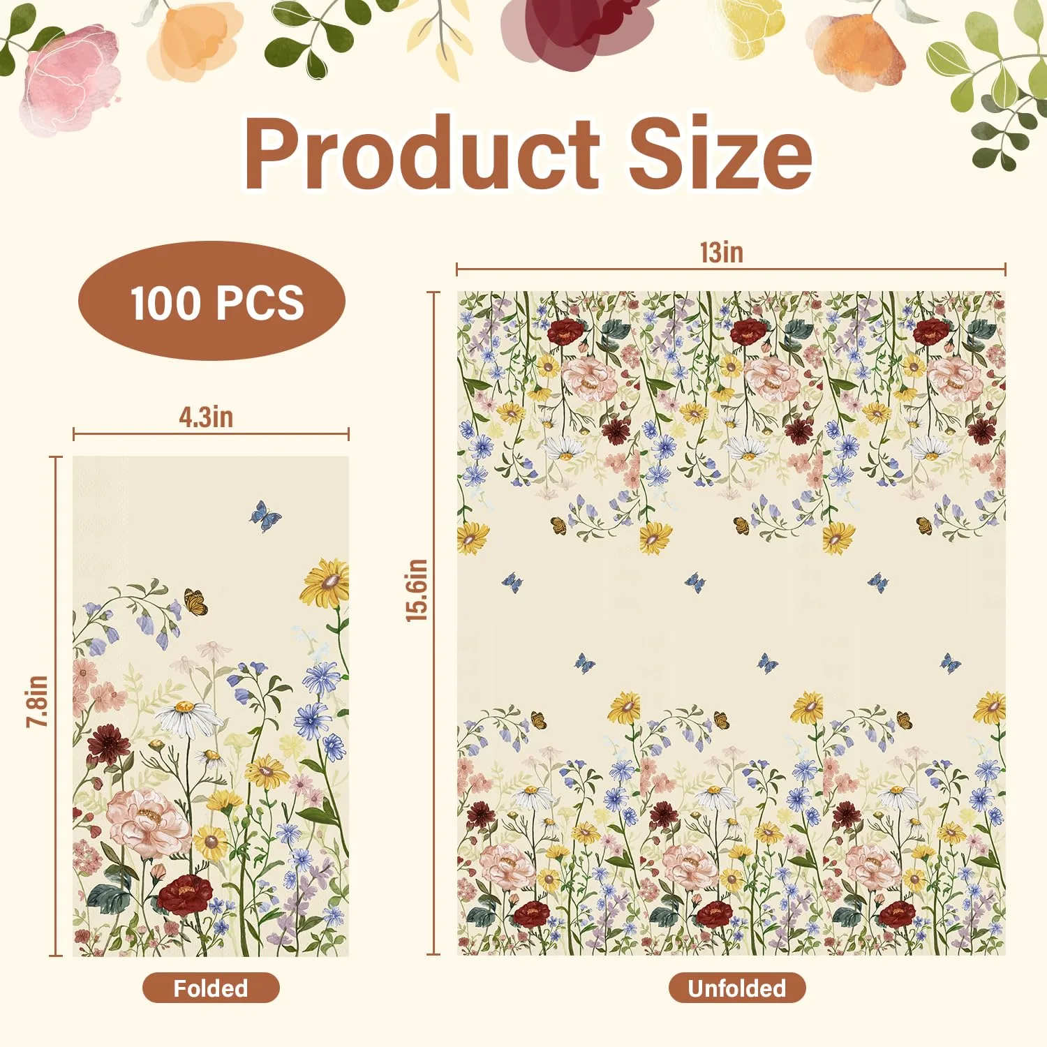 100 Pcs Floral Guest Napkins Vintage Wild Flower Paper Napkins Spring Watercolor Decorative Disposable Paper Hand Towels for Gift Party Supplies Dinner Decor，4.3"*7.8"