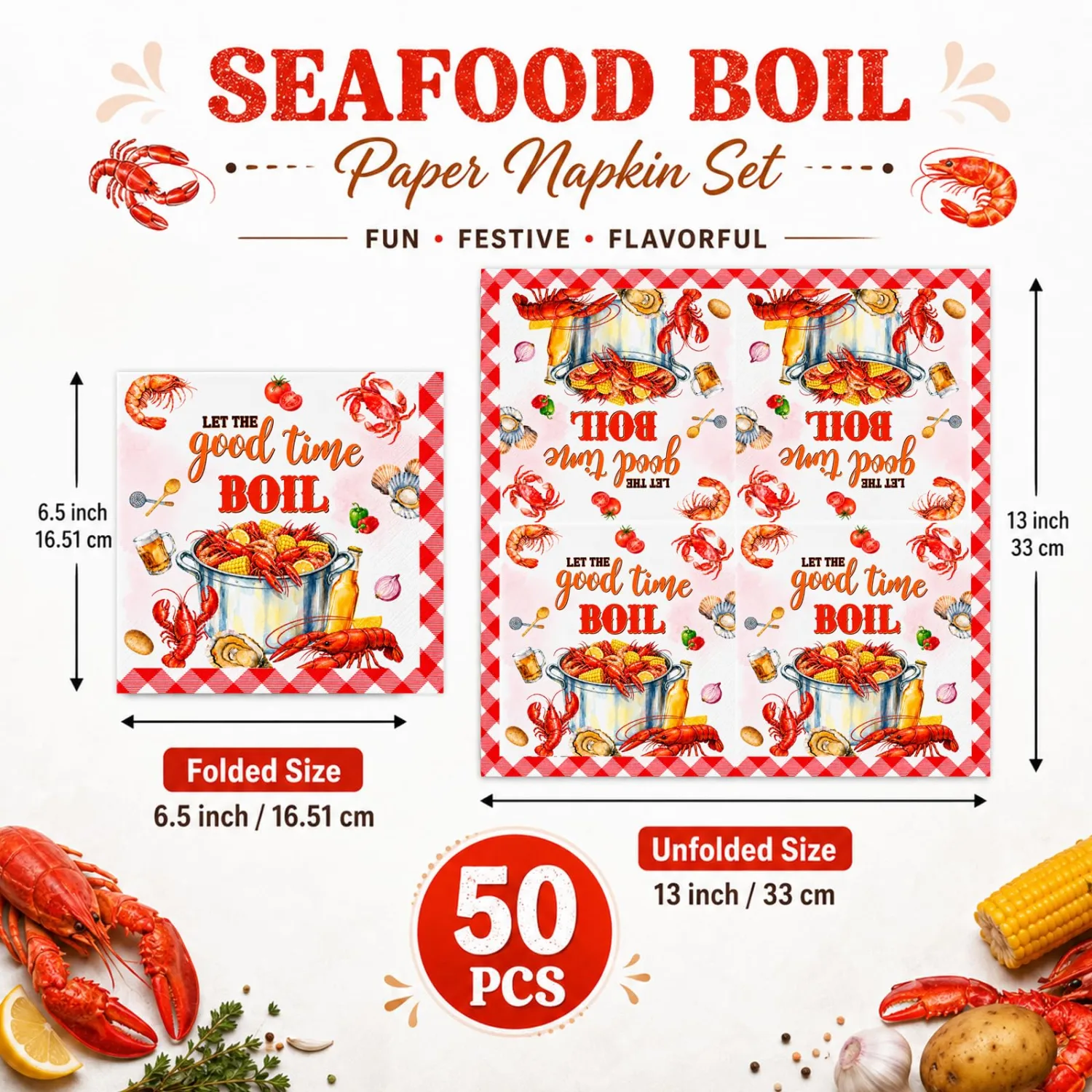 50Pcs Seafood Boil Napkins, Shrimp & Crawfish Boil Party Supplies, 6.5 Inch