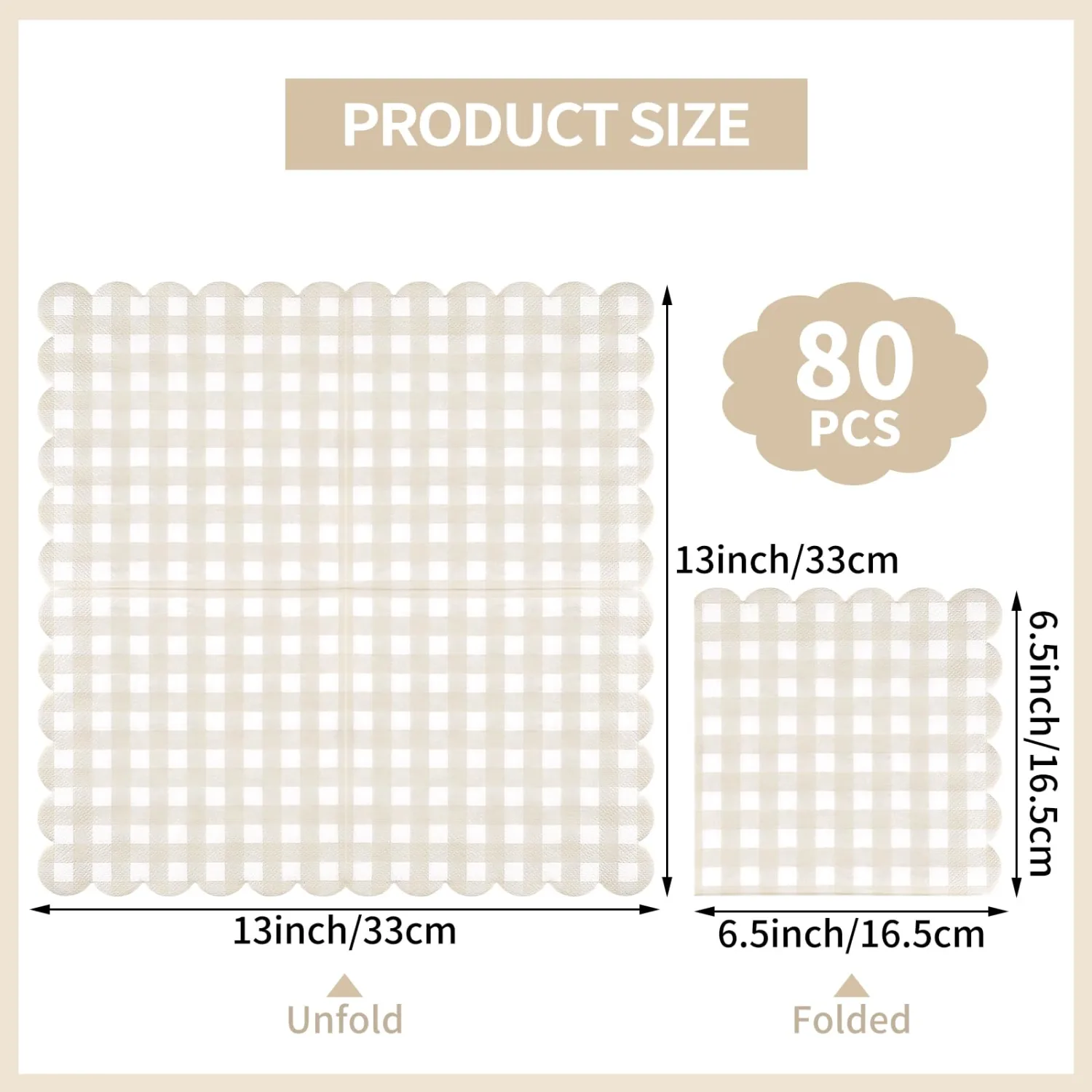 80 Pcs Beige Gingham Napkins 6.5 Inch Ivory Plaid Paper Napkins