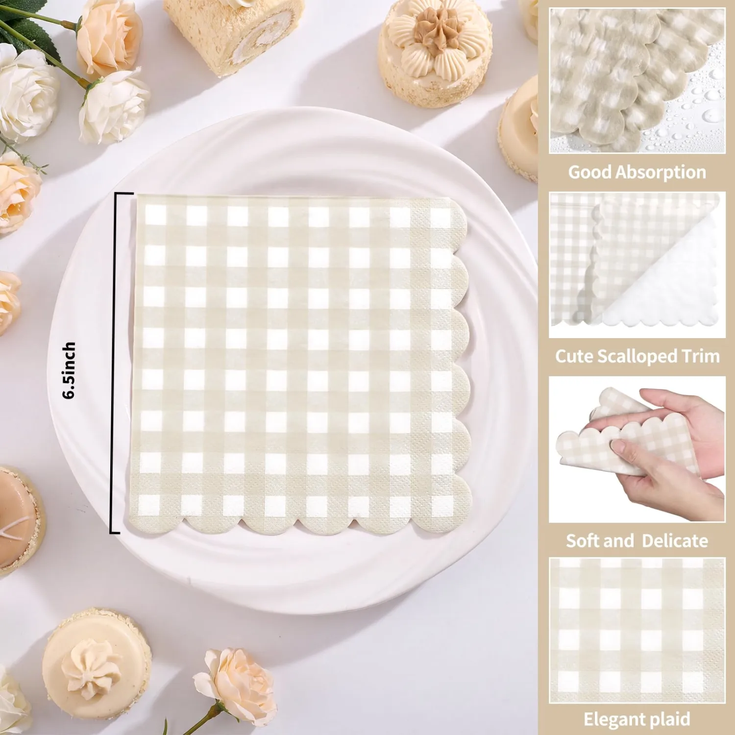80 Pcs Beige Gingham Napkins 6.5 Inch Ivory Plaid Paper Napkins
