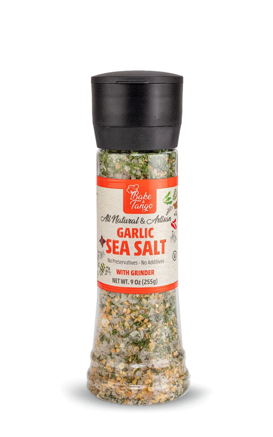Bake & Tango Natural Garlic Sea Salt with Grinder, High-Tech Grinder Artisan Garlic Salt with Parsley for Cooking, Seasoning, Grilling & Baking, No Preservatives or Additives, 9 oz
