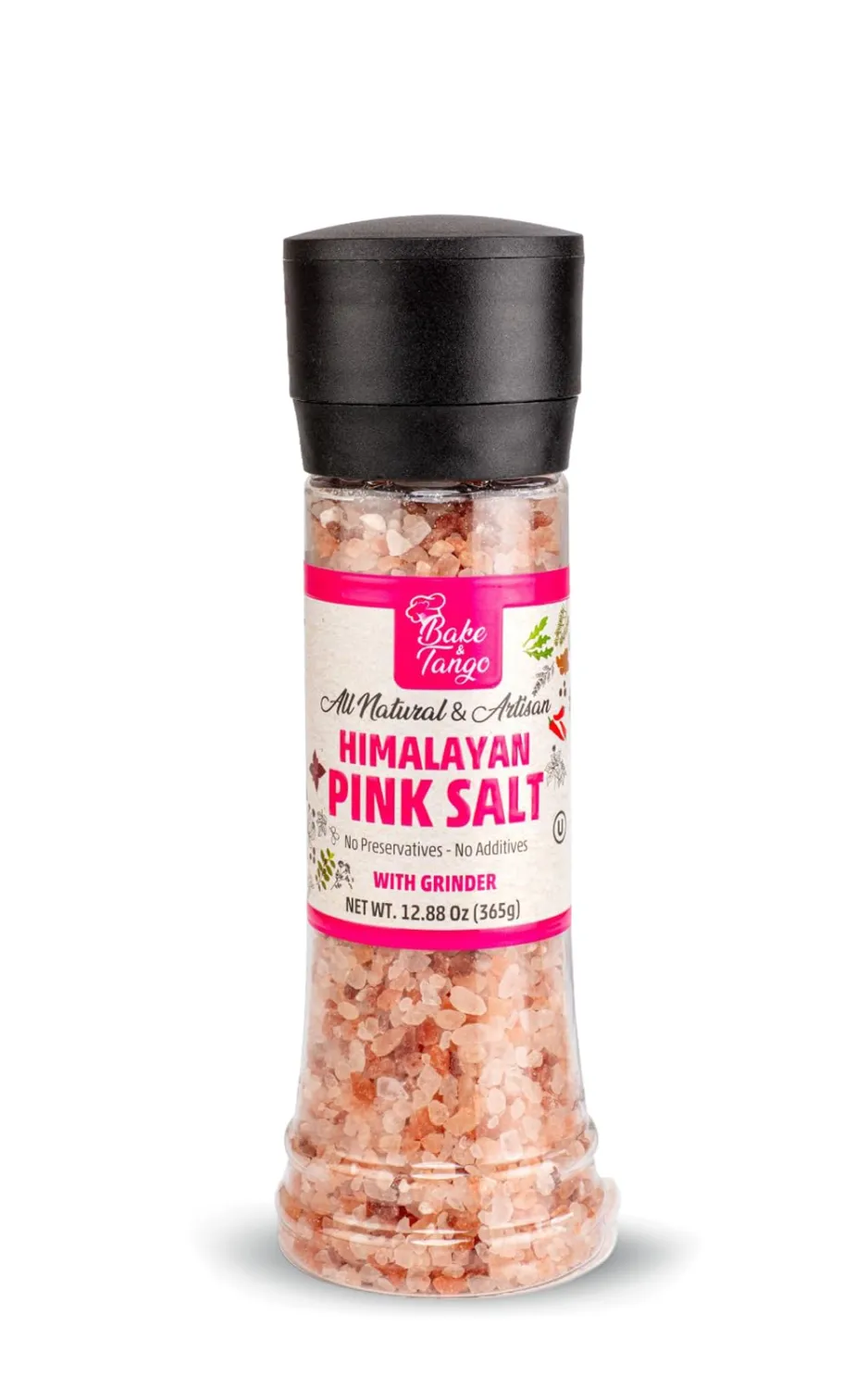 Bake & Tango Natural Himalayan Pink Sea Salt with Grinder, High-Tech Grinder Artisan Himalayan Pink Salt for Cooking, Seasoning, Grilling & Baking, No Preservatives or Additives, 12.88 oz