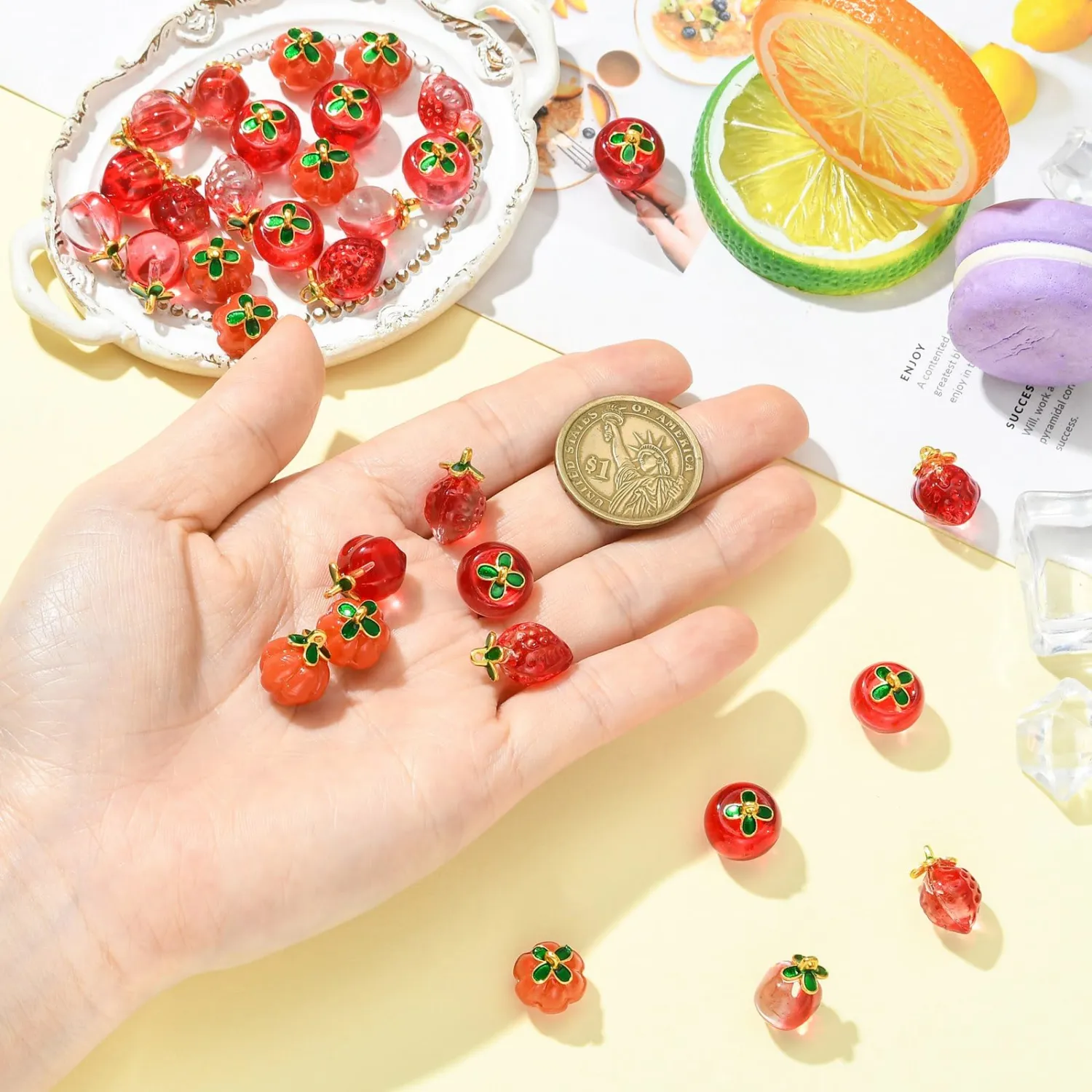 Fruit Food Strawberry Cherry Lemon Glass Seed Beaded Charms for Jewelry, Necklace, Bracelets, Earrings Making