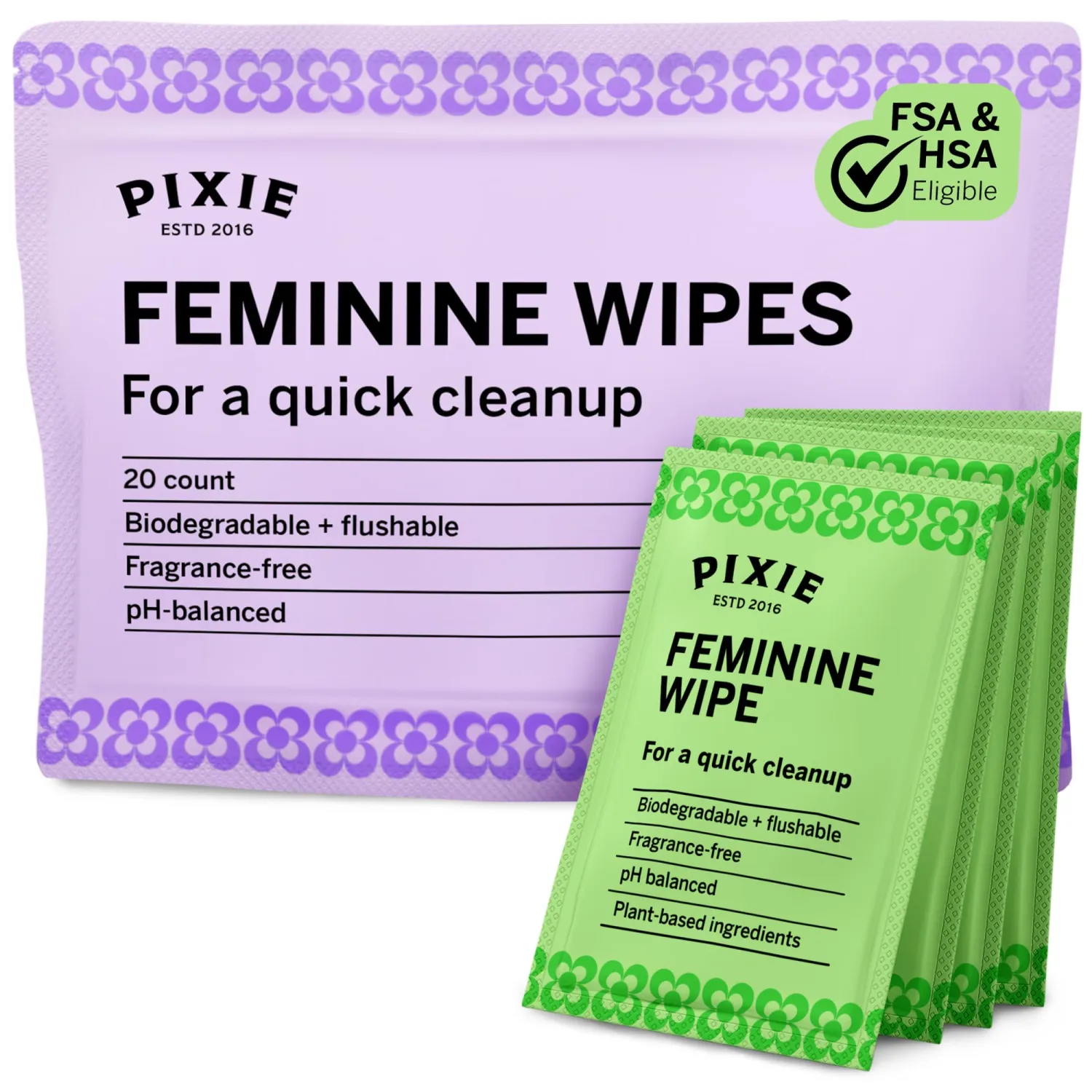 Pixie Menstrual Cup Wipes - Flushable, Biodegradable, & Ph Balanced - Best Individually Wrapped Packet Wipes for On The Go & Public Bathrooms - Wash, & Cleaner For Your Period Cups & Discs (30 Count)