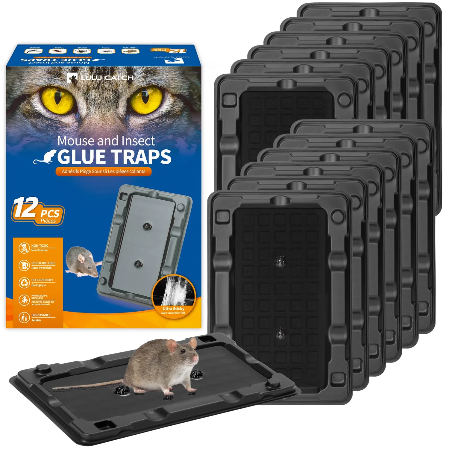 LULUCATCH Mouse Traps, 12 Pack Sticky Mouse Traps Indoor for Home, Pre-Baited Non-Toxic Bulk Glue Traps for Rats, Mice, Roach, Lizards, Pet Safe for Home & Garage, Easy to Use