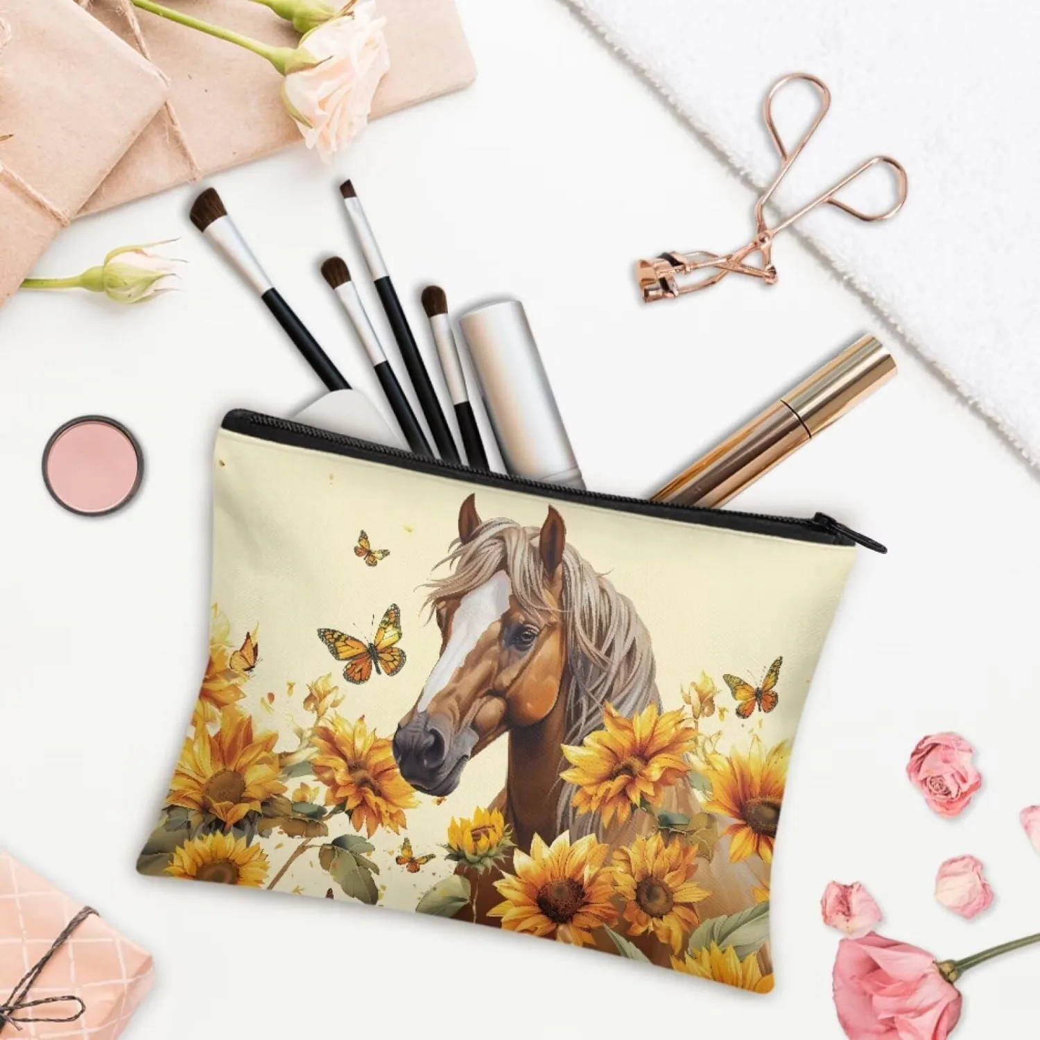 Flashideas Sunflower Horse Make Up Bag Makeup Organizer Bag for Travel Easy to Hold Portable Storage Bag Cosmetic Organizer Storage Case for Jewelry, Lipstick, Cosmetic Box