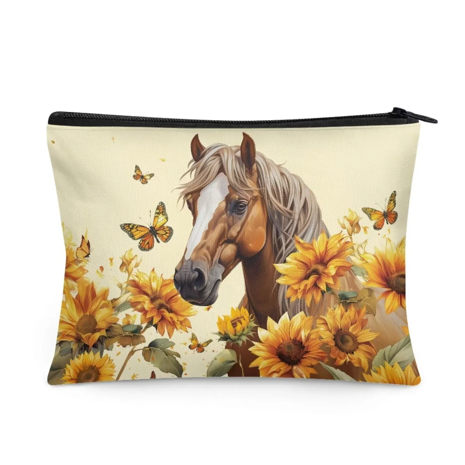 Flashideas Sunflower Horse Make Up Bag Makeup Organizer Bag for Travel Easy to Hold Portable Storage Bag Cosmetic Organizer Storage Case for Jewelry, Lipstick, Cosmetic Box