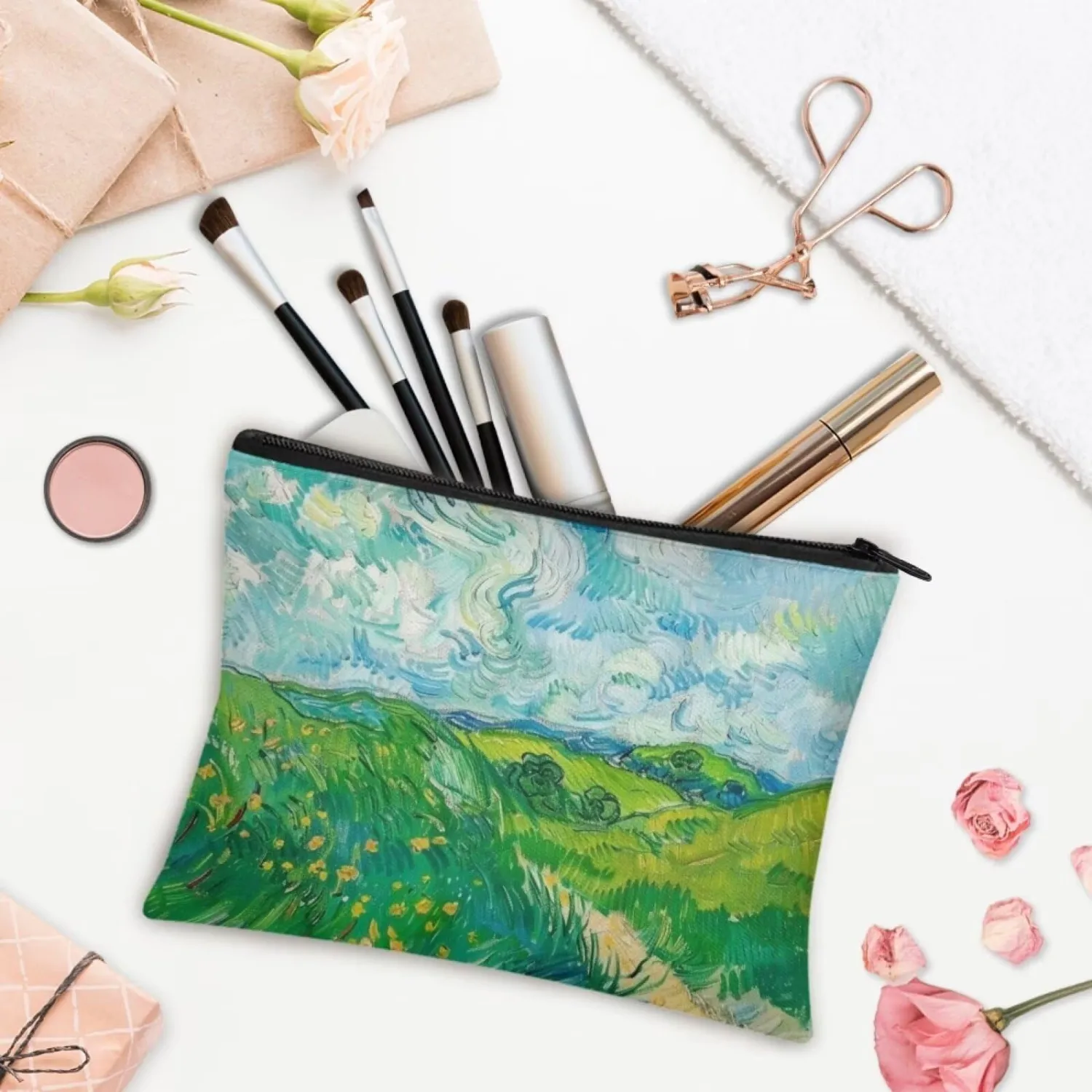 Flashideas Van Gogh Wheatfield Makeup Bag for Purse Travel, Portable Small Cosmetic Organizer Cosmetic Bag for Women Can Hold Makeup Brushes Skincare