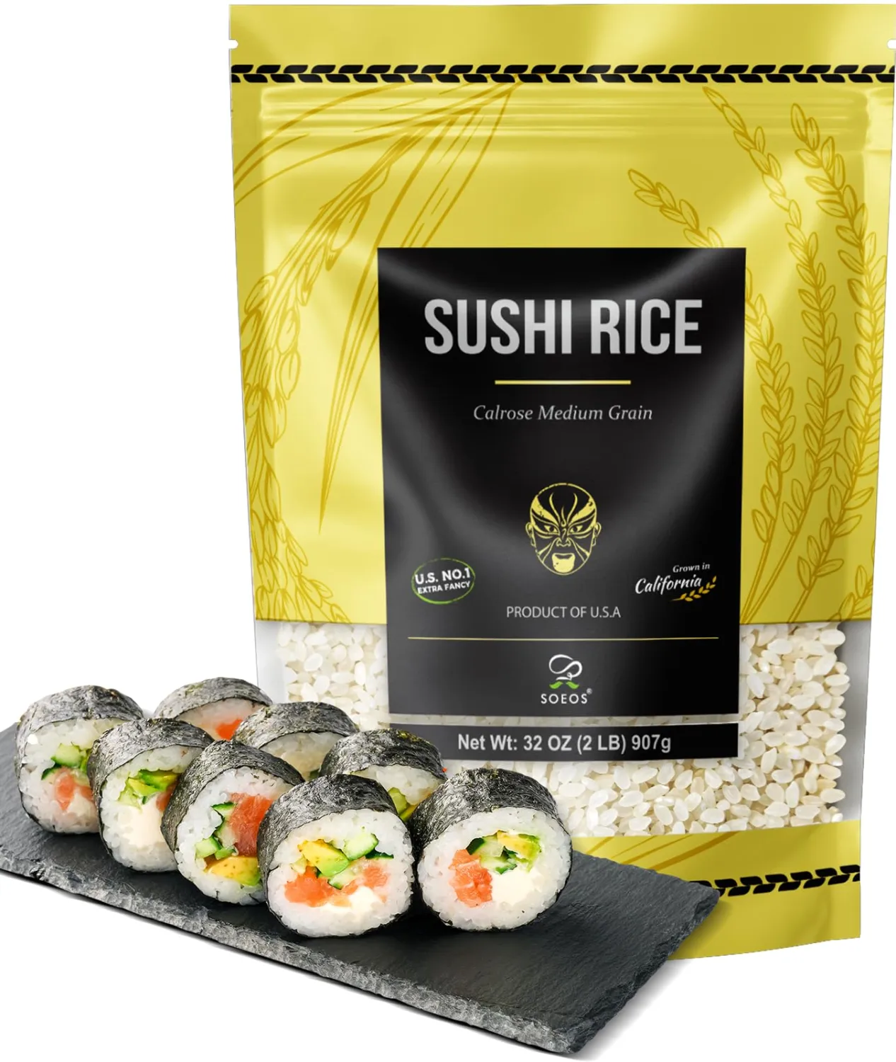 Soeos Sushi Rice, White Sticky California Rice, 2 LB (32 Ounce)