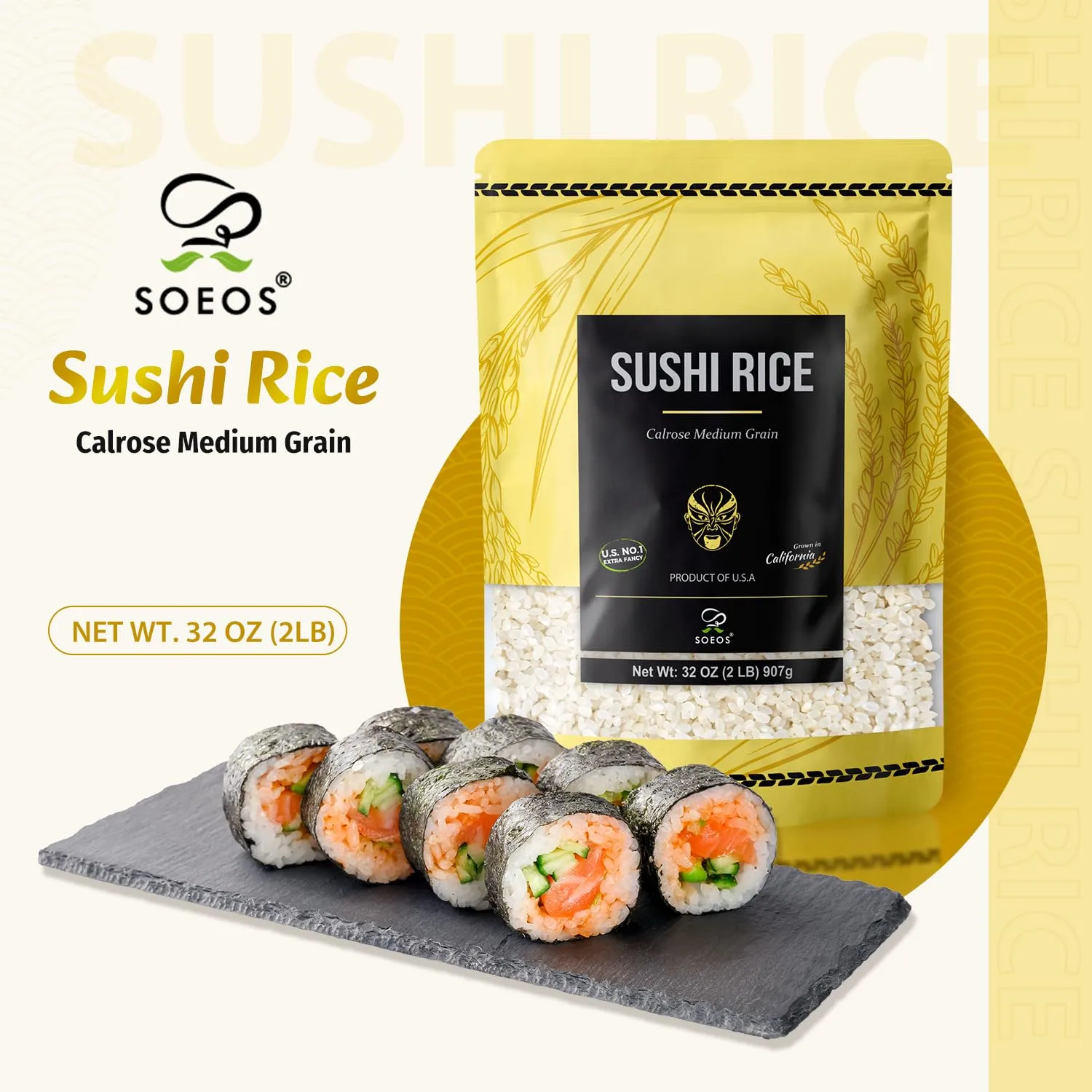 Soeos Sushi Rice, White Sticky California Rice, 2 LB (32 Ounce)