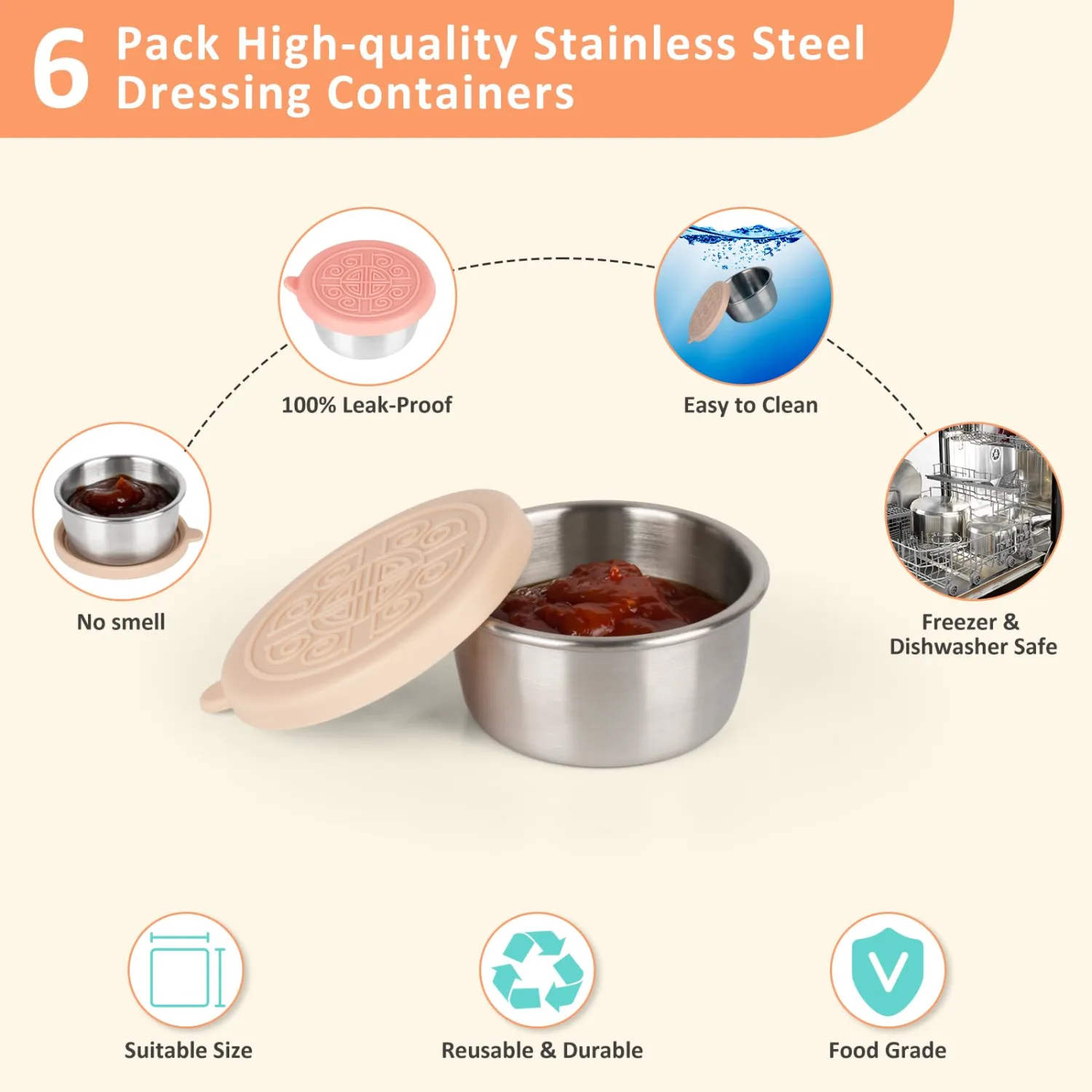 6pk 1.6oz Steel Condiment Cups with Lids, Reusable Sauce Cups