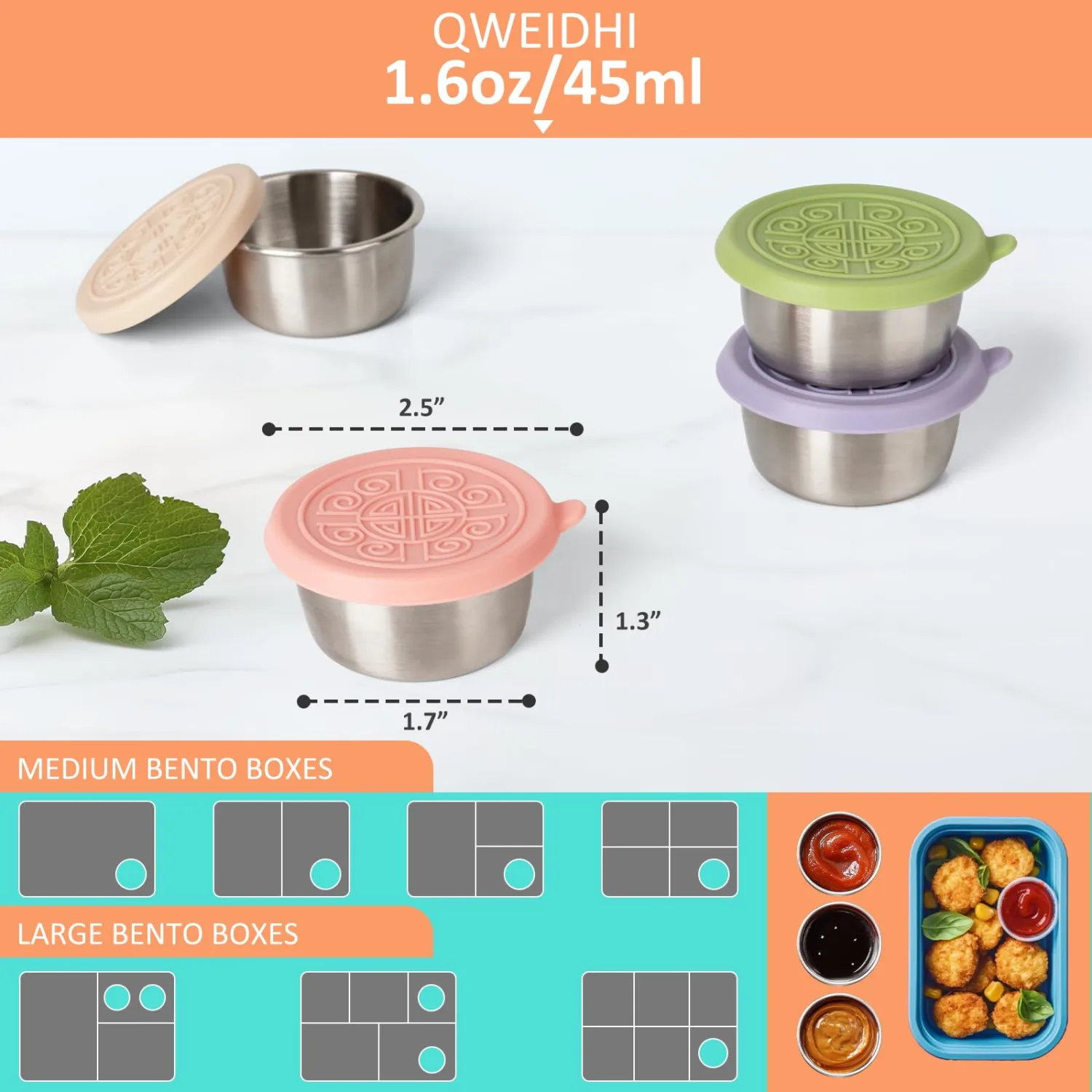 6pk 1.6oz Steel Condiment Cups with Lids, Reusable Sauce Cups