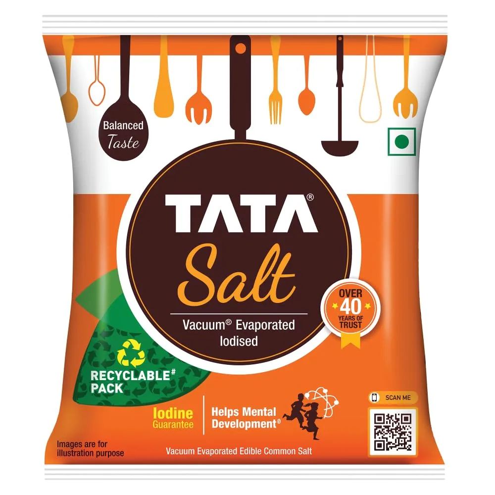Tata Salt, 1 kg - (1000 grams pack) - 35.27 oz - India - Vacuum evaporated iodised salt - Vegetarian