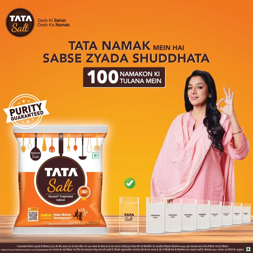 Tata Salt, 1 kg - (1000 grams pack) - 35.27 oz - India - Vacuum evaporated iodised salt - Vegetarian