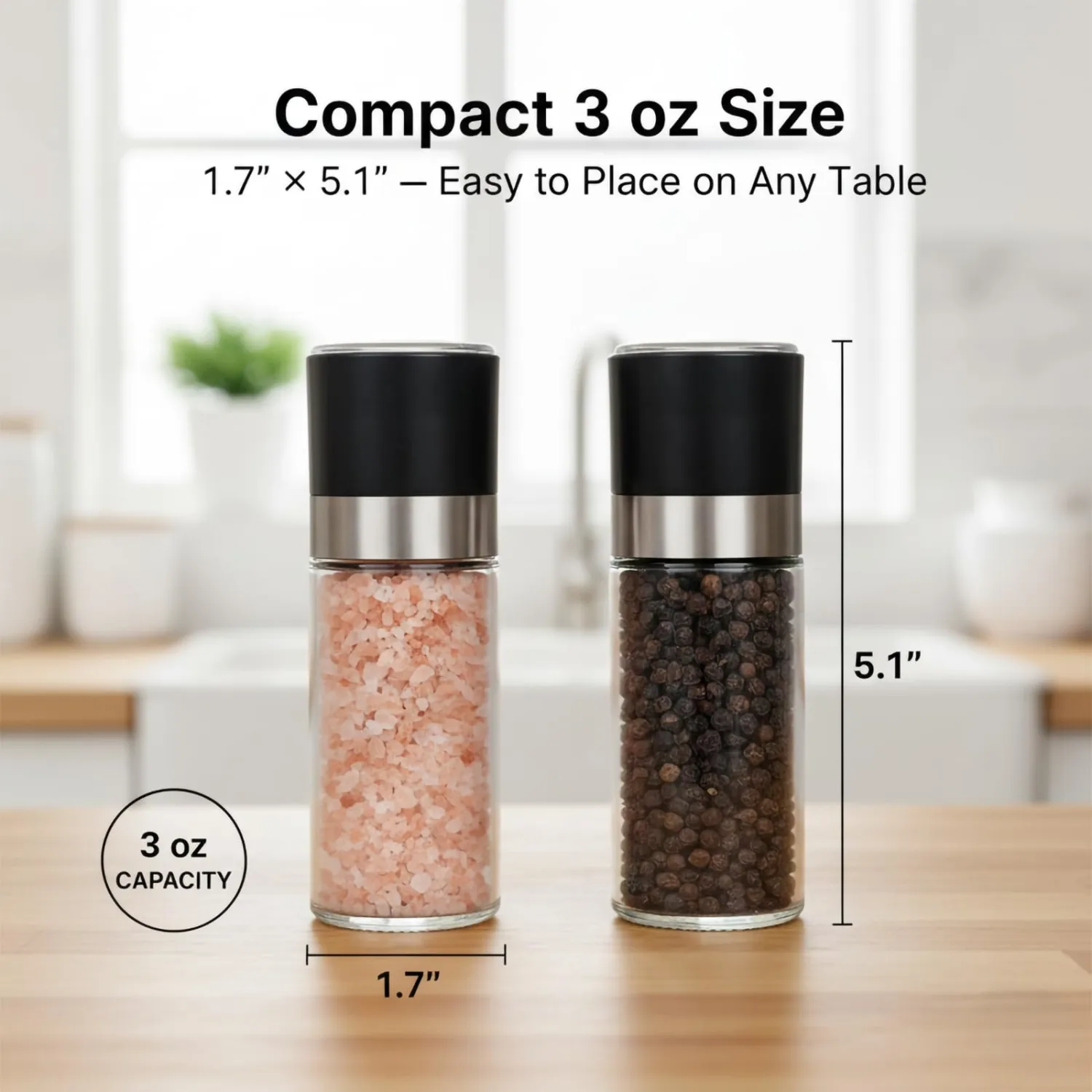 Salt and Pepper Grinder Set, Small 3 oz Refillable Glass Salt and Pepper Mills with Adjustable Ceramic Grinder, Compact Manual Pepper Grinder for Kitchen, Dining Table, RV, Picnic (1.7" נ5.1")