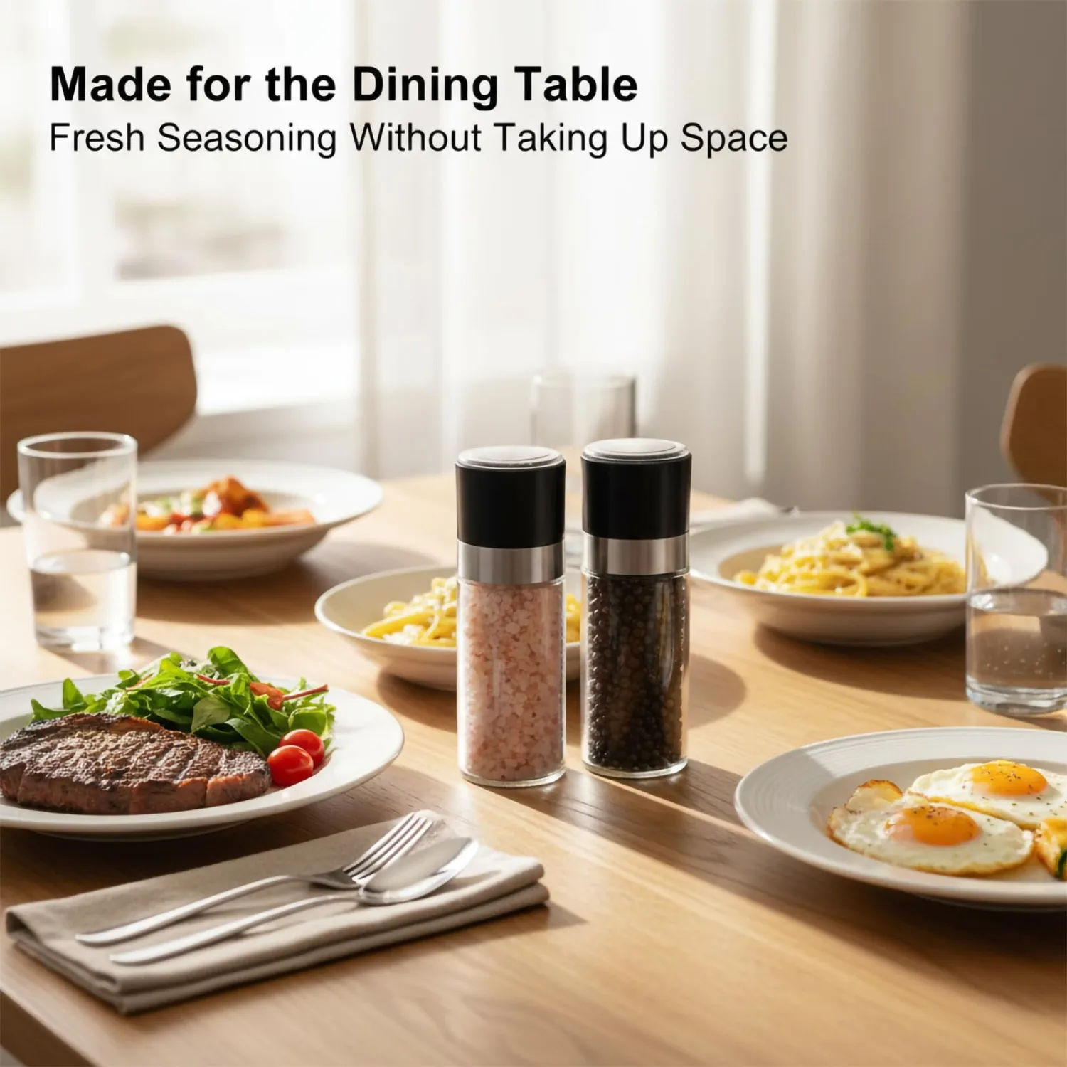 Salt and Pepper Grinder Set, Small 3 oz Refillable Glass Salt and Pepper Mills with Adjustable Ceramic Grinder, Compact Manual Pepper Grinder for Kitchen, Dining Table, RV, Picnic (1.7" נ5.1")