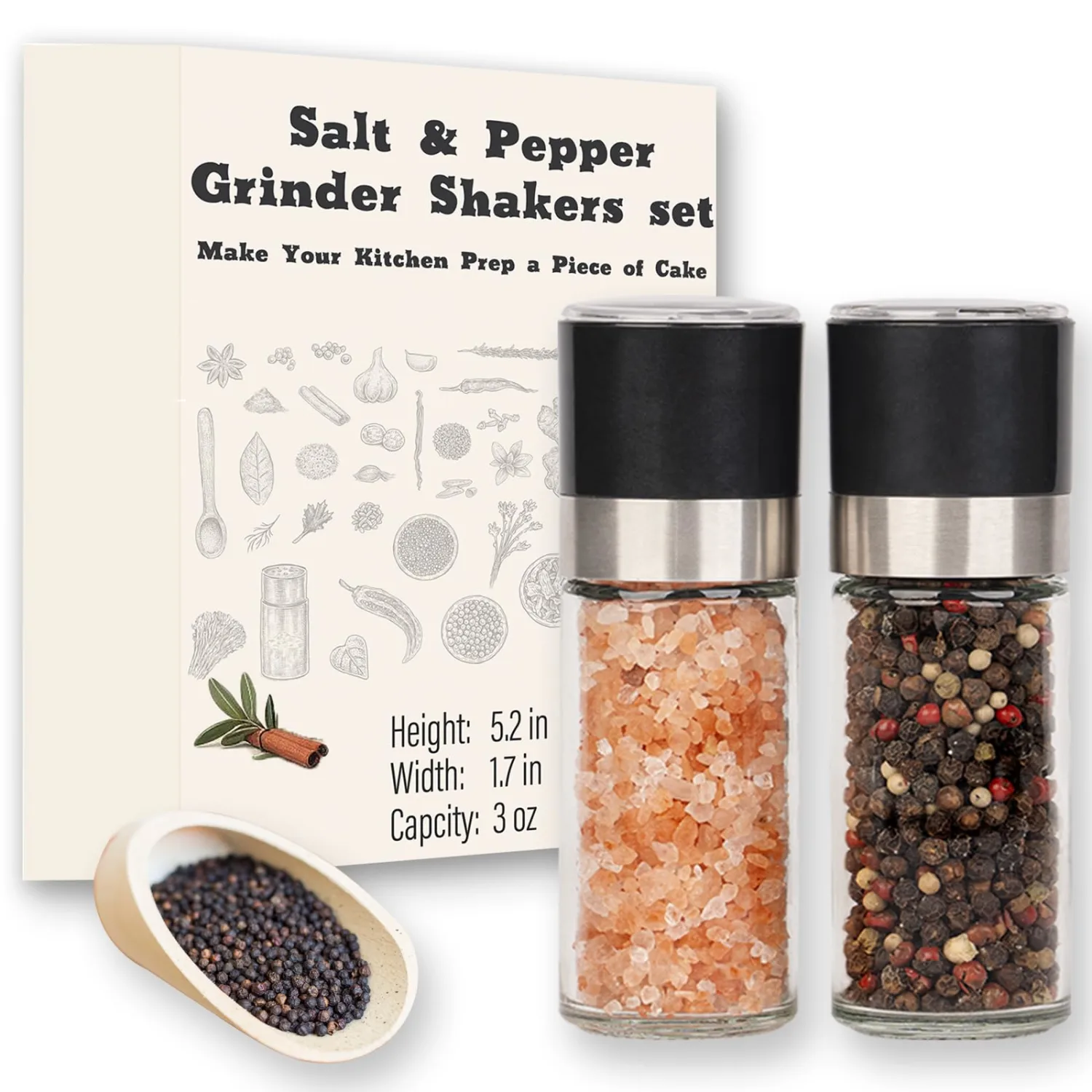 Salt and Pepper Grinder Set, Small 3 oz Refillable Glass Salt and Pepper Mills with Adjustable Ceramic Grinder, Compact Manual Pepper Grinder for Kitchen, Dining Table, RV, Picnic (1.7" נ5.1")