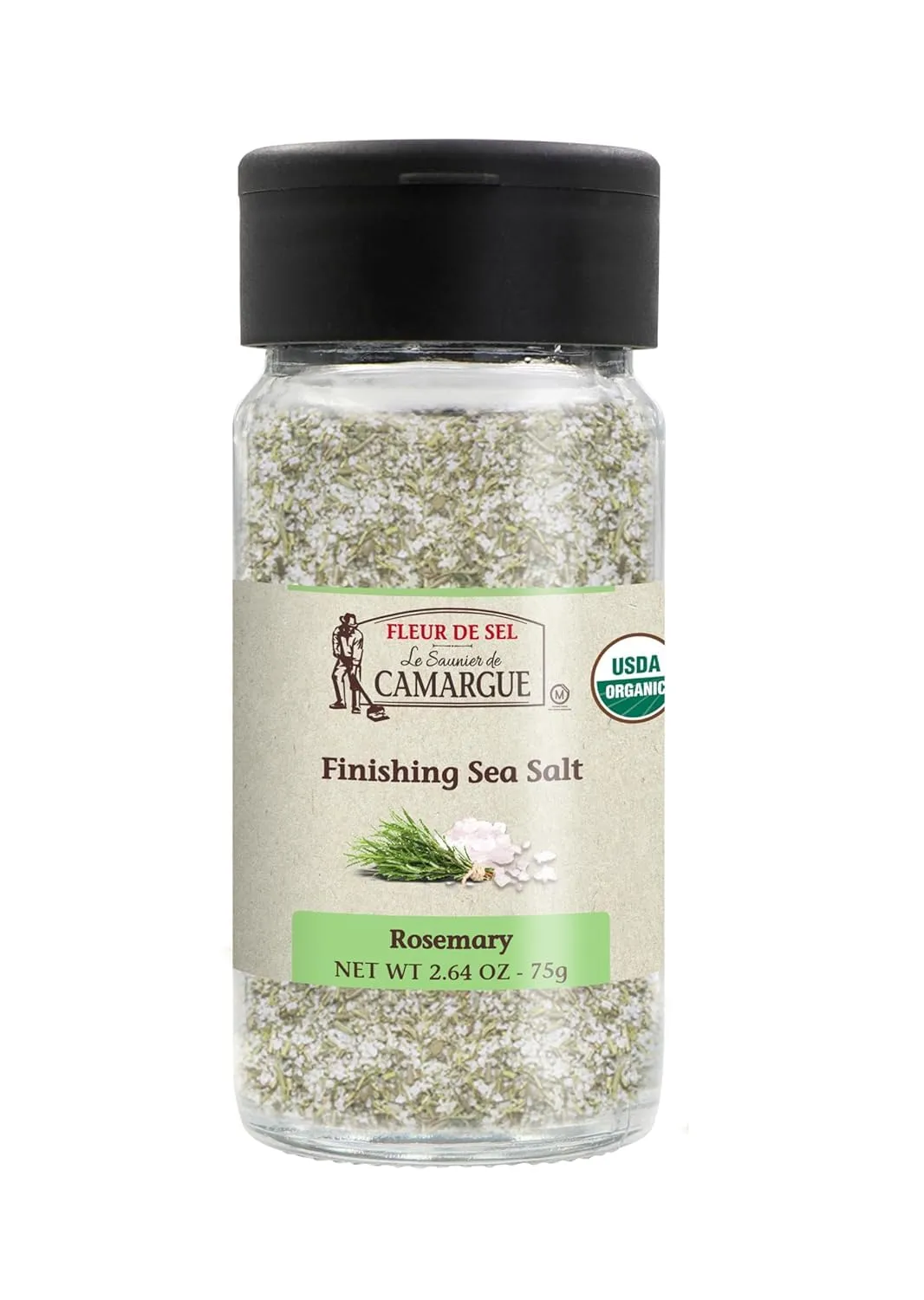 Le Saunier de Camargue Fleur de Sel with Organic Rosemary – French Sea Salt Finishing Salt with Fresh Herb Flavor – Gourmet Hand-Harvested Flaky Salt in Glass Shaker – 75g