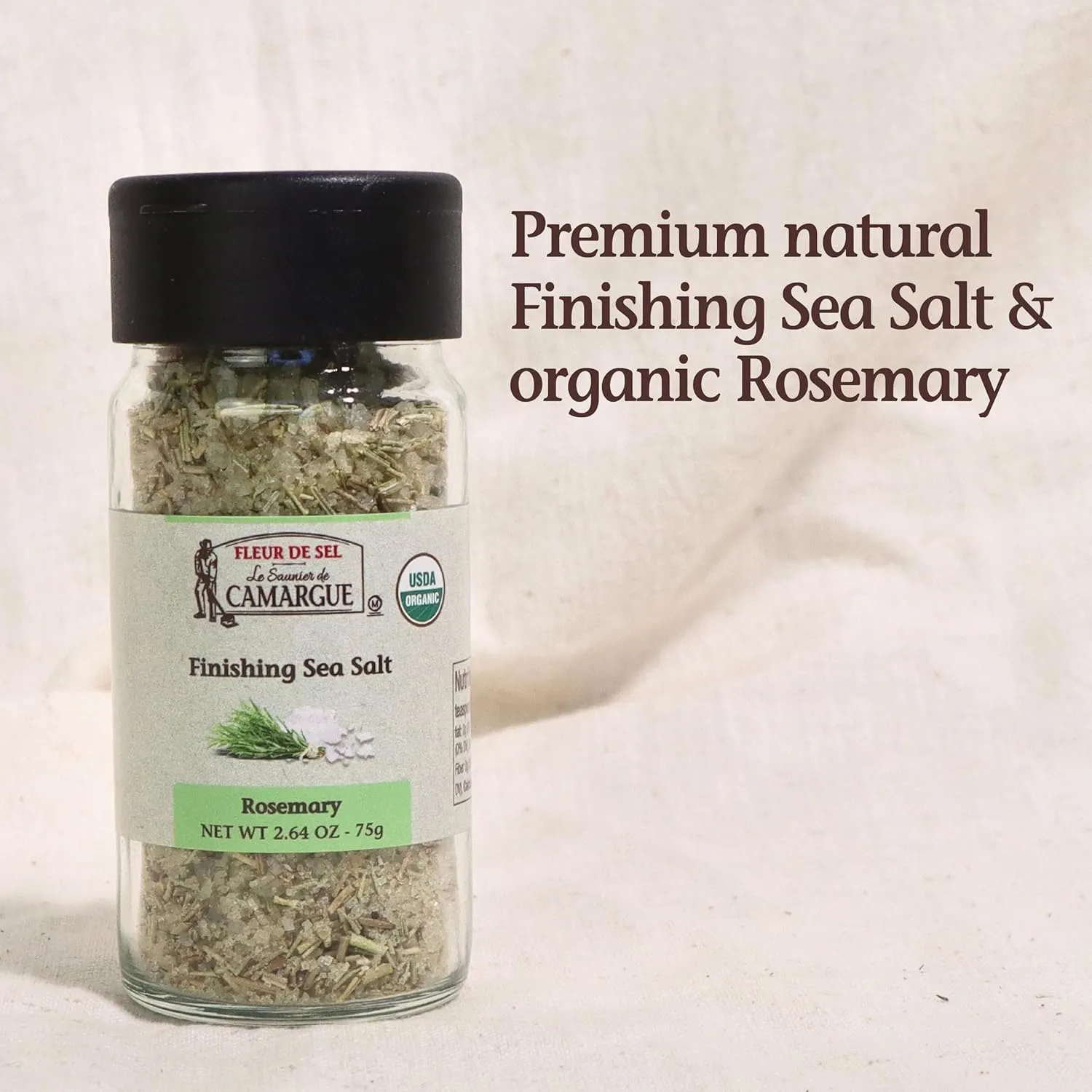 Le Saunier de Camargue Fleur de Sel with Organic Rosemary – French Sea Salt Finishing Salt with Fresh Herb Flavor – Gourmet Hand-Harvested Flaky Salt in Glass Shaker – 75g