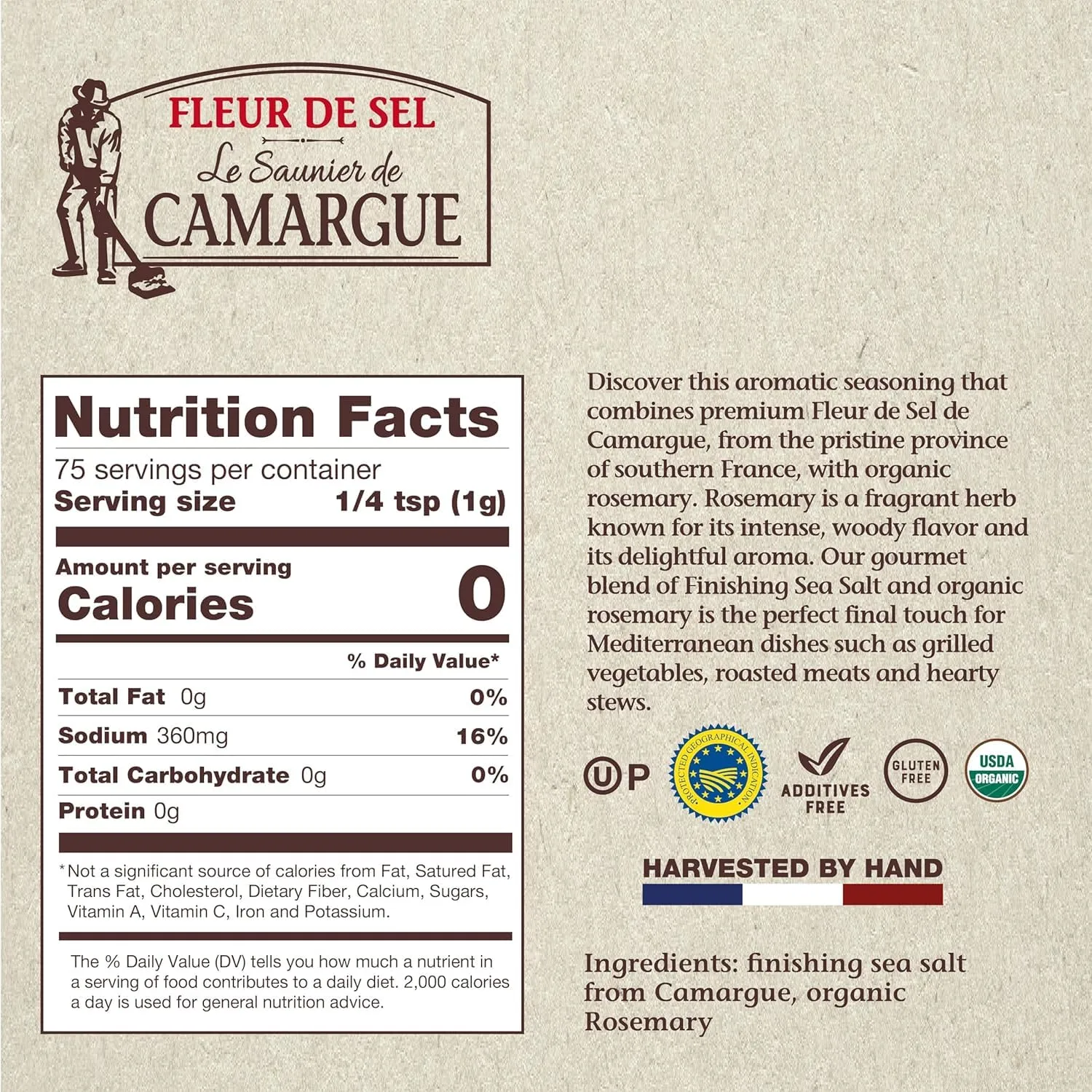 Le Saunier de Camargue Fleur de Sel with Organic Rosemary – French Sea Salt Finishing Salt with Fresh Herb Flavor – Gourmet Hand-Harvested Flaky Salt in Glass Shaker – 75g