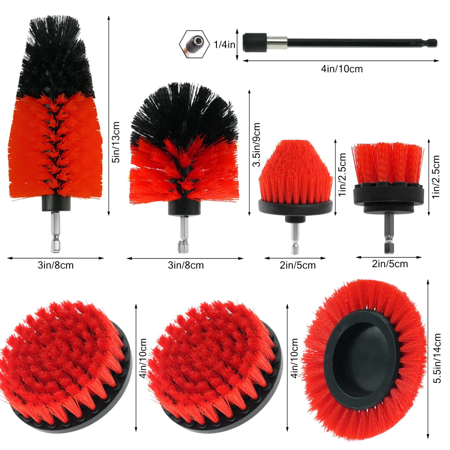 8 Pcs Drill Brush Attachment Set, Power Cleaning Scrub Brush Kit with Extend Long Attachment, All Purpose Drill Scrub Brushes for Car, Grout, Floor, Tub, Bathroom and Kitchen (red)