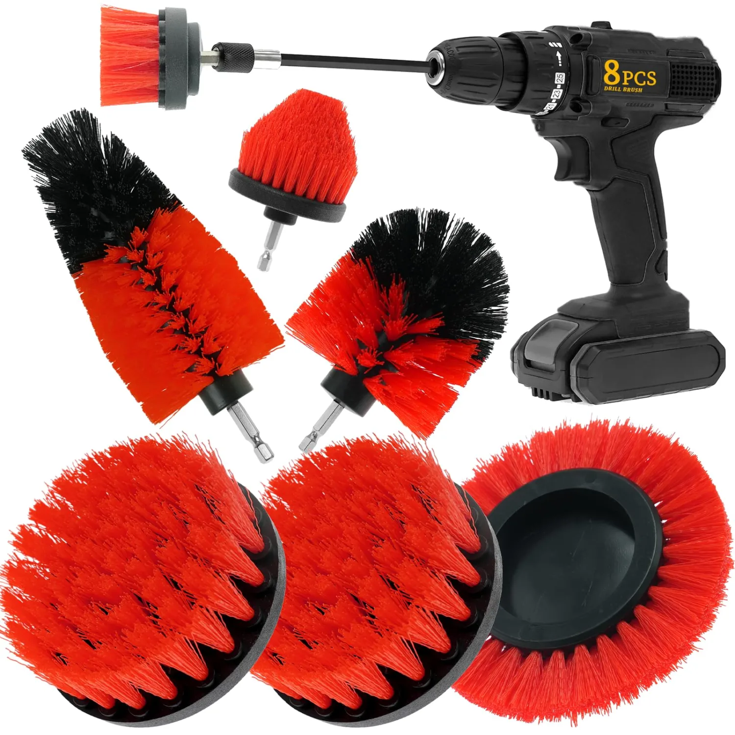 8 Pcs Drill Brush Attachment Set, Power Cleaning Scrub Brush Kit with Extend Long Attachment, All Purpose Drill Scrub Brushes for Car, Grout, Floor, Tub, Bathroom and Kitchen (red)
