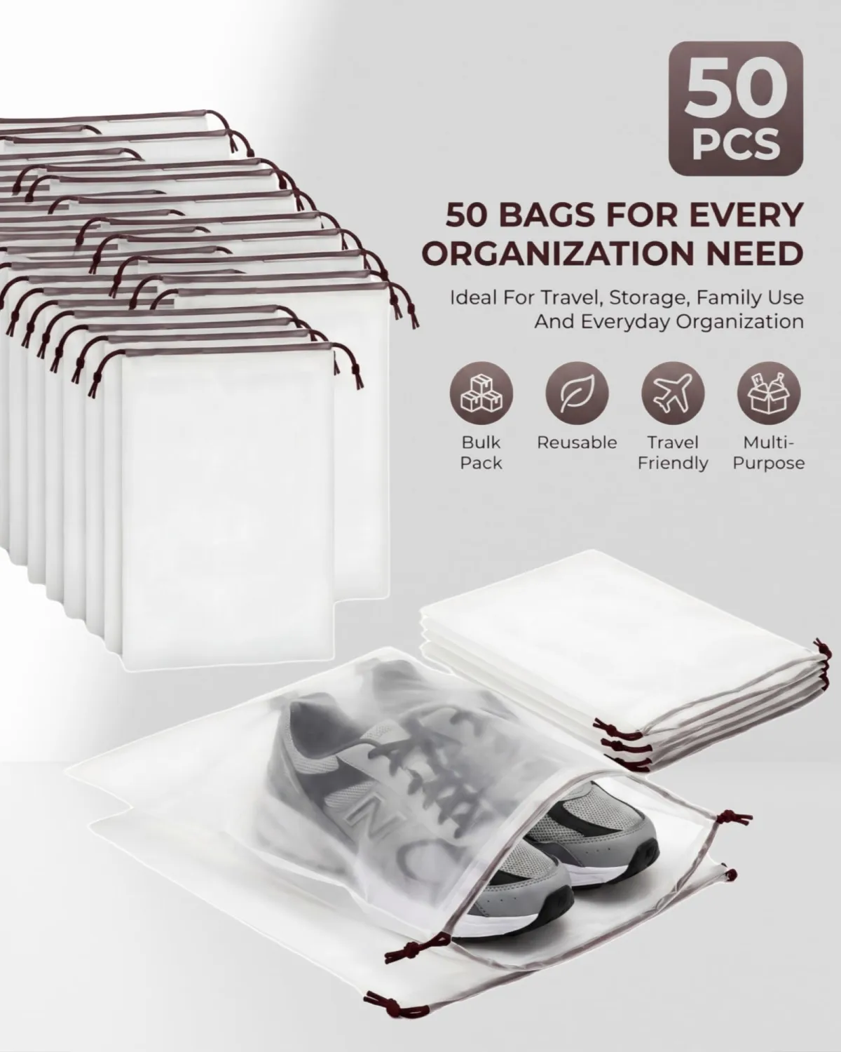 50 Pack Clear Shoe Bags 15.7x11.8 Drawstring Dustproof Travel Storage
