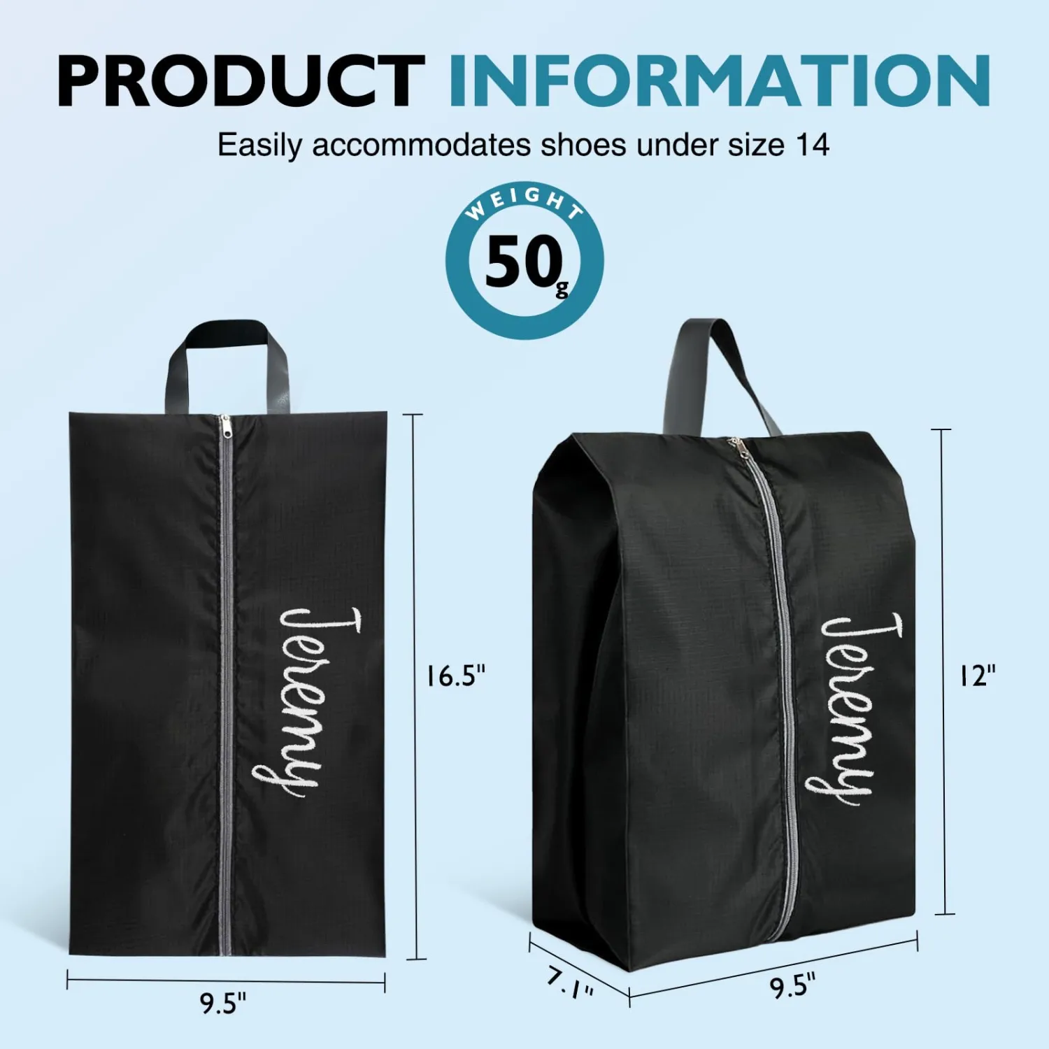 3 Pack Custom Embroidery Shoe Bags for Travel – Waterproof Polyester Shoe Organizer with Handle & Zipper, Large Shoe Storage for Men and Women (Black)