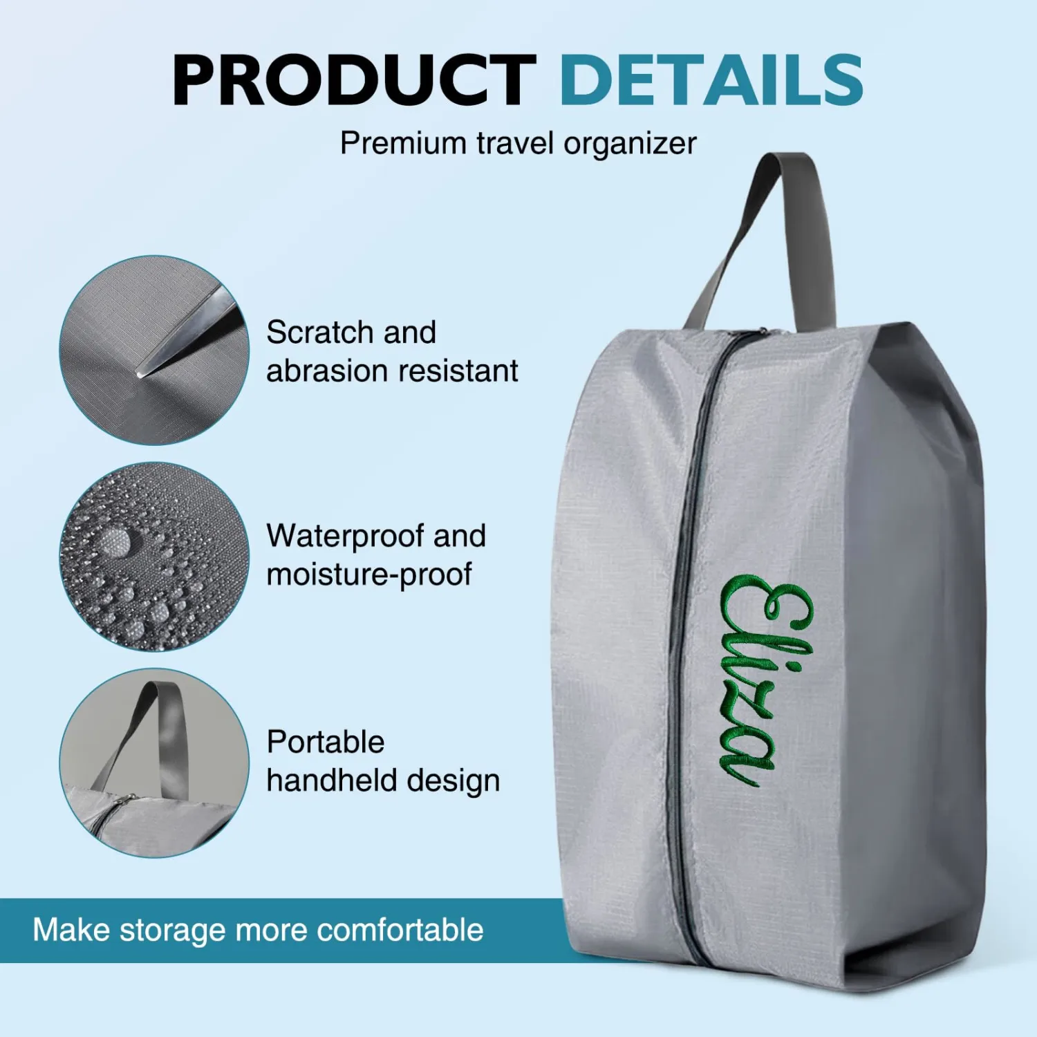 3 Pack Custom Embroidery Shoe Bags for Travel – Waterproof Polyester Shoe Organizer with Handle & Zipper, Large Shoe Storage for Men and Women (Black)