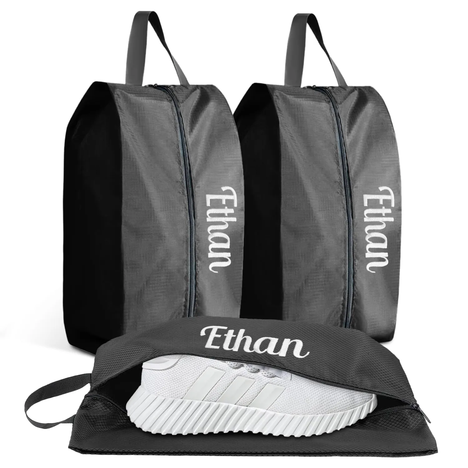 3 Pack Custom Embroidery Shoe Bags for Travel – Waterproof Polyester Shoe Organizer with Handle & Zipper, Large Shoe Storage for Men and Women (Black)