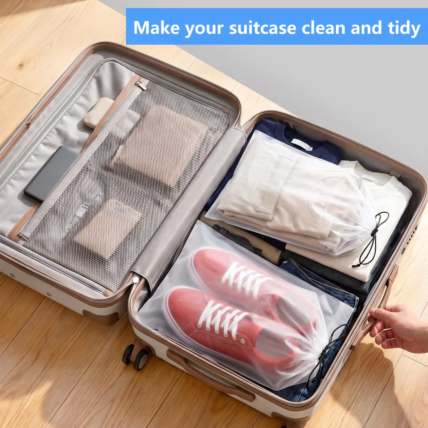 4-Pack Waterproof Drawstring Shoe Bags, 15.7 x 11.8 Inch, Clear Travel Packing Organizers for Men & Women, Storage Bags for Shoes, Clothes, Travel Essentials