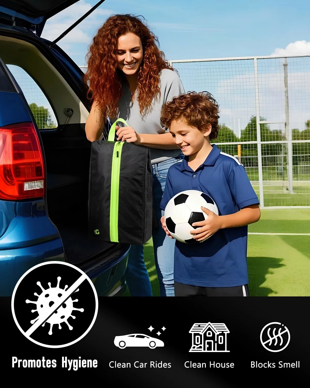GLORIEROO Smell Proof Shoe Bags for Travel-Soccer Cleat Bag Smell Proof with Active Carbon Fabric | Odor-Absorbing Water-Resistant Track Shoe bags for Sports (Black with Black, UP TO US11)