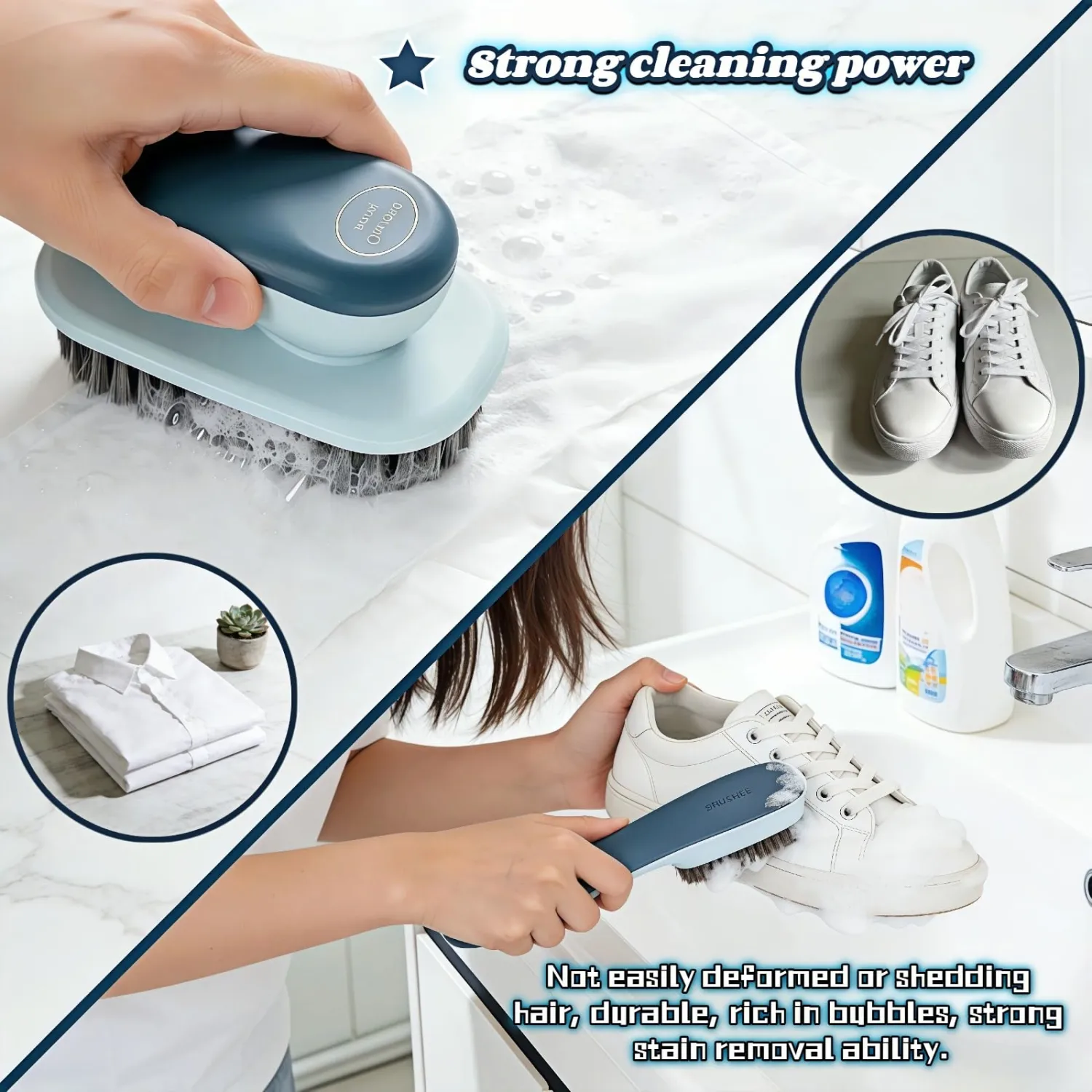 Ergonomic Shoe & Clothing Brush Set (2-Piece) - Heavy Duty Stain Remover with Non-Slip Grip, Hanging Hole for Storage | Bathroom Tile Grout Scrubber, Kitchen Cleaner, Carpet Spotter