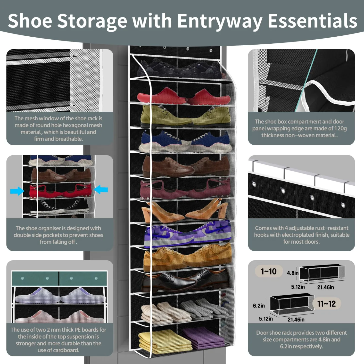 PAULONE 12-Pocket Over-the-Door Shoe Organizer - Black