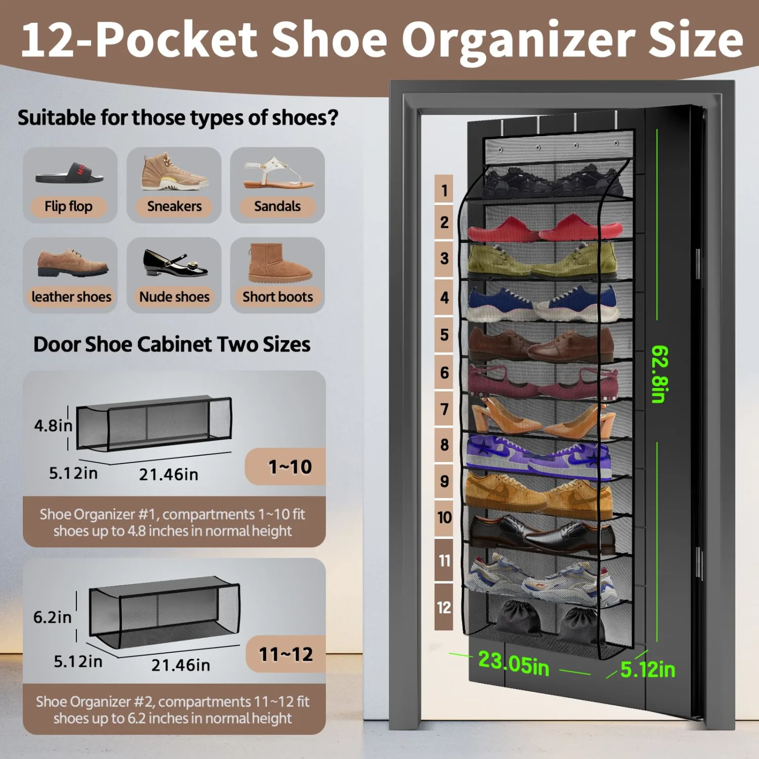 PAULONE 12-Pocket Over-the-Door Shoe Organizer - Gray