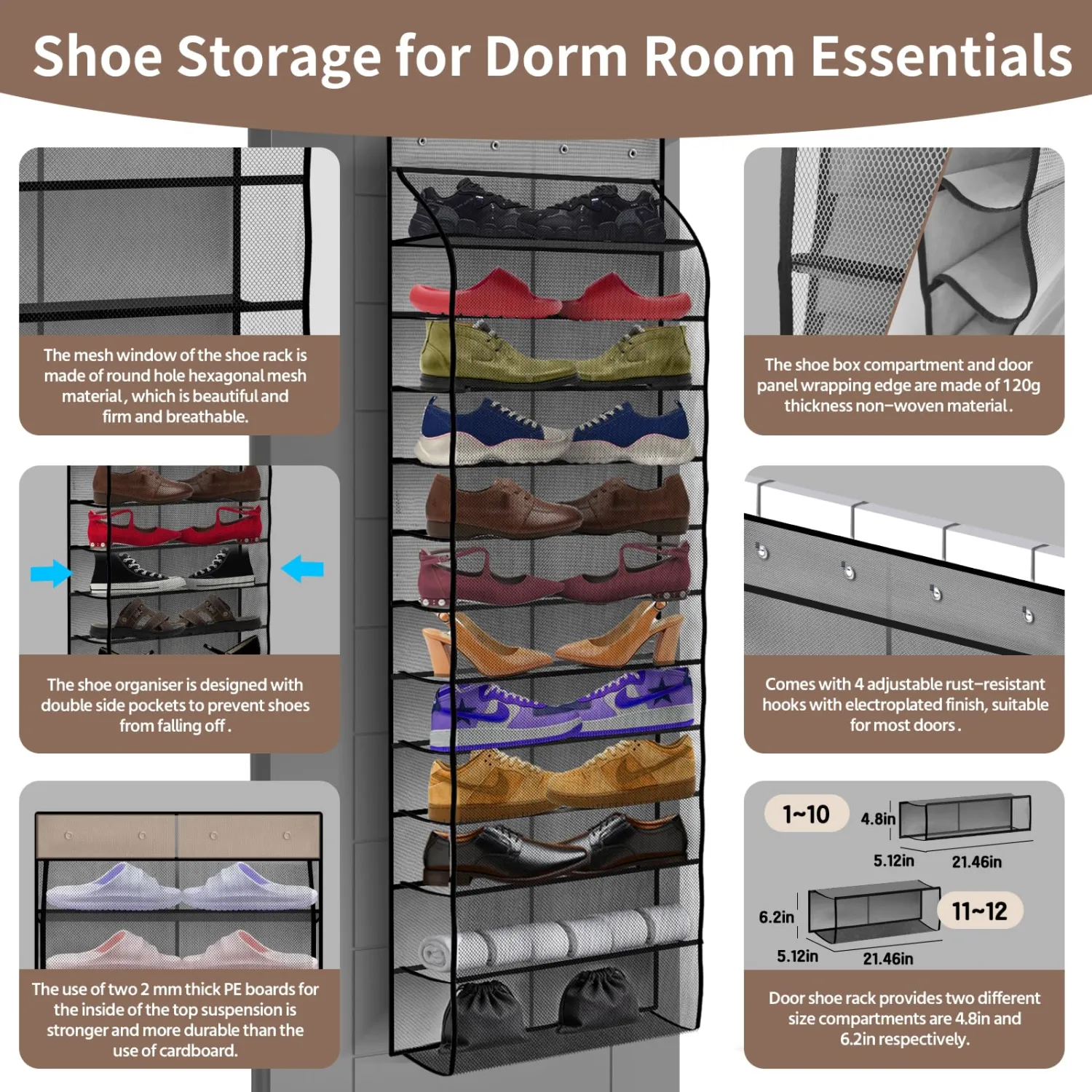 PAULONE 12-Pocket Over-the-Door Shoe Organizer - Gray