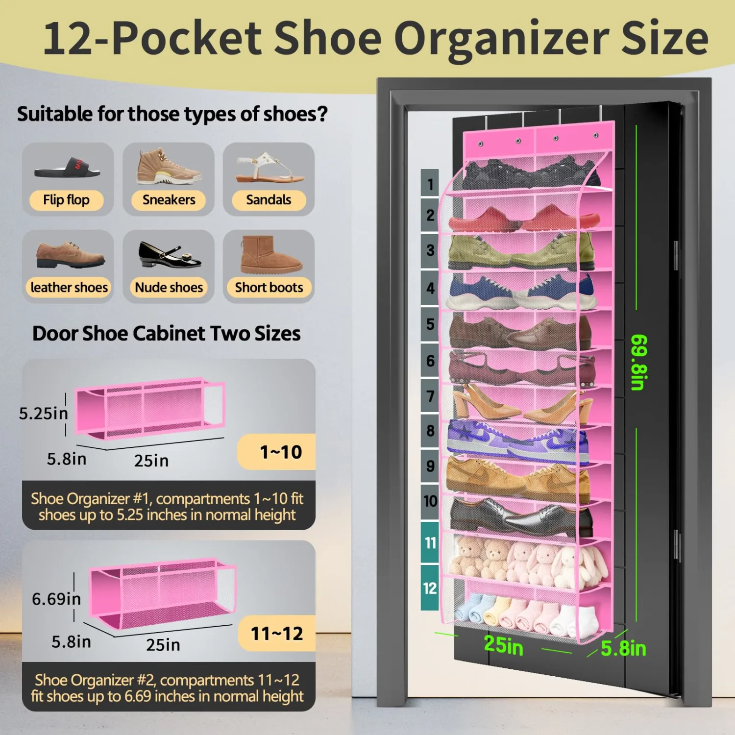 PAULONE 12-Pocket Over-the-Door Shoe Organizer - Pink