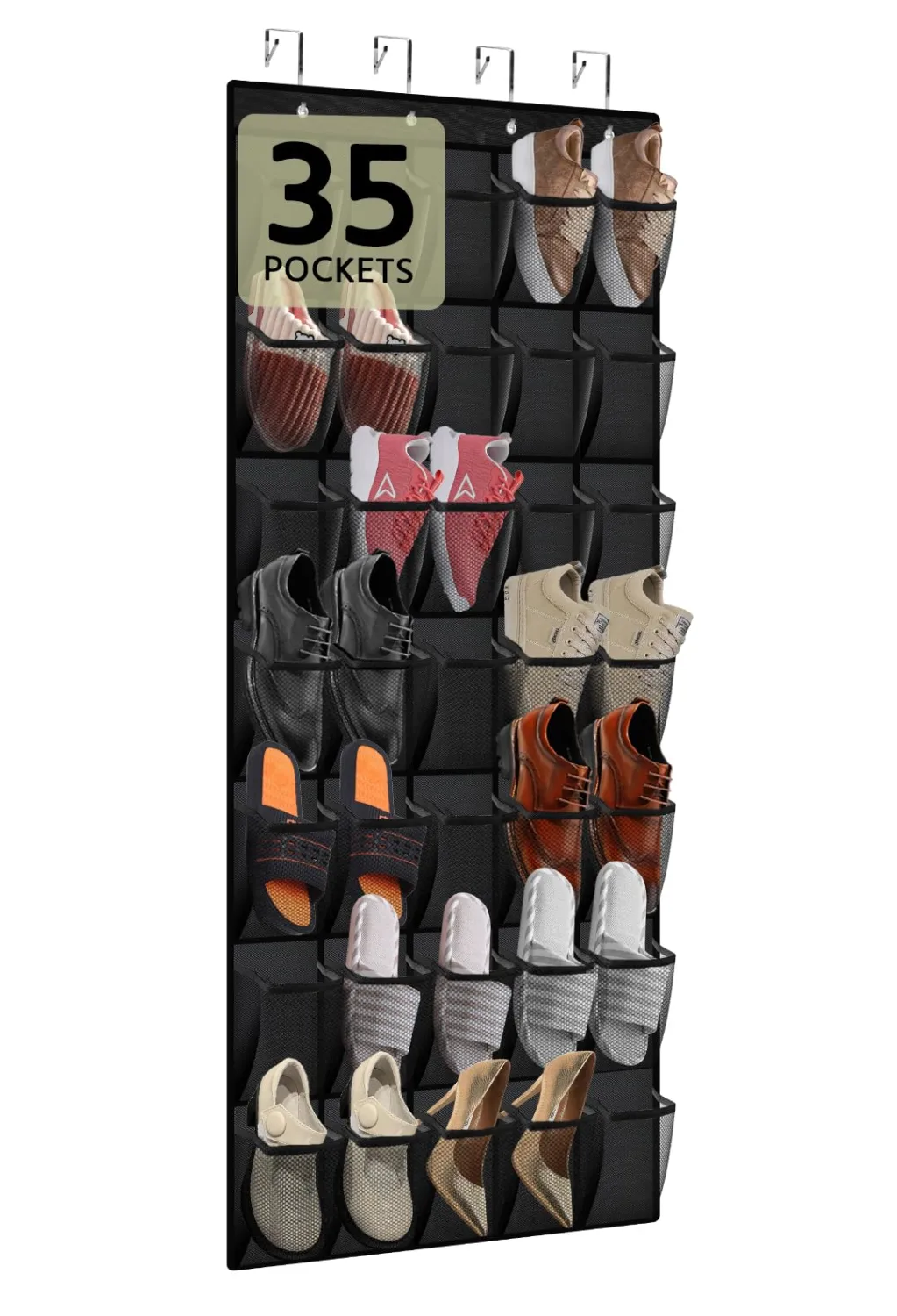 PAULONE 35 Pocket Over the Door Shoe Organizer,Reusable Breathable Large Mesh Bag Men's & Women's Sneaker Organizer,Shoe Organizer for Kids,Hanging Shoe Storage Hanging Bag (Black)