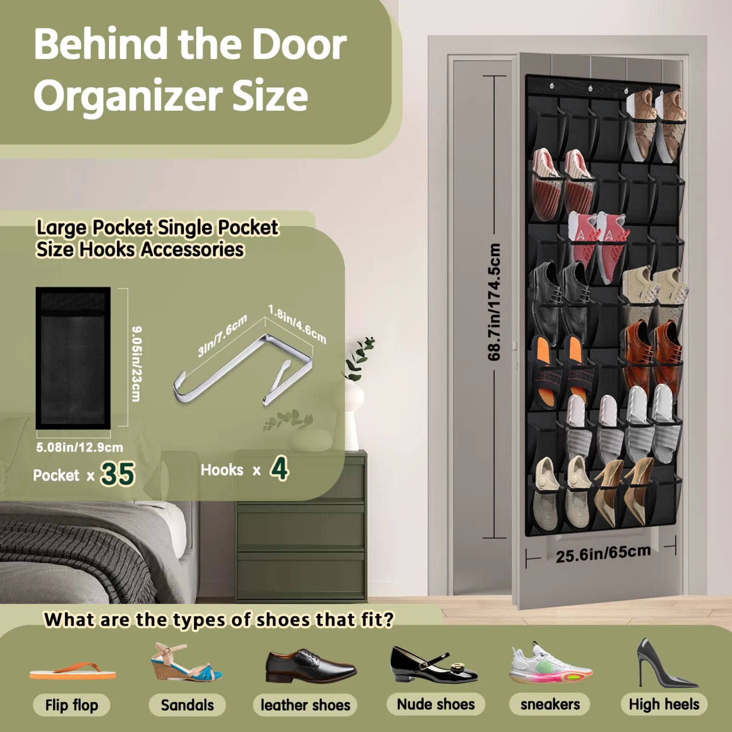 PAULONE 35 Pocket Over the Door Shoe Organizer,Reusable Breathable Large Mesh Bag Men's & Women's Sneaker Organizer,Shoe Organizer for Kids,Hanging Shoe Storage Hanging Bag (Black)