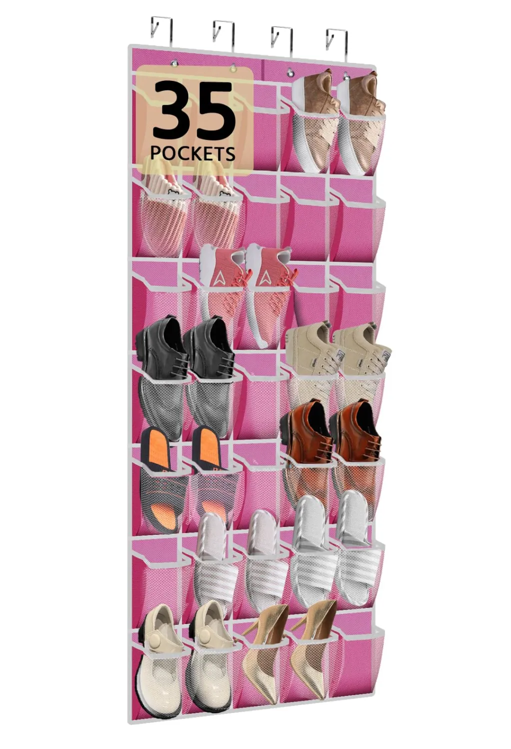 PAULONE 35 Pocket Over the Door Shoe Organizer,Reusable Breathable Large Mesh Bag Men's & Women's Sneaker Organizer,Shoe Organizer for Kids,Hanging Shoe Storage Hanging Bag (Pink)