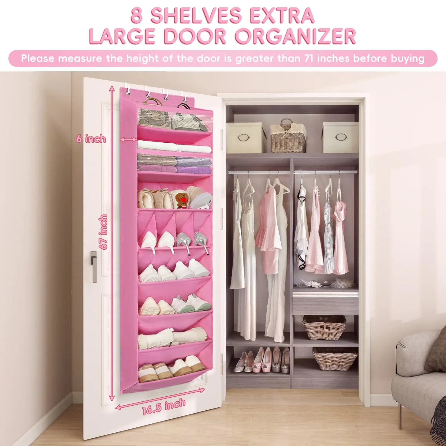 1 Pack 8 Shelves Over The Door Shoe Organizer, 68" Exlarge Deep Pockets