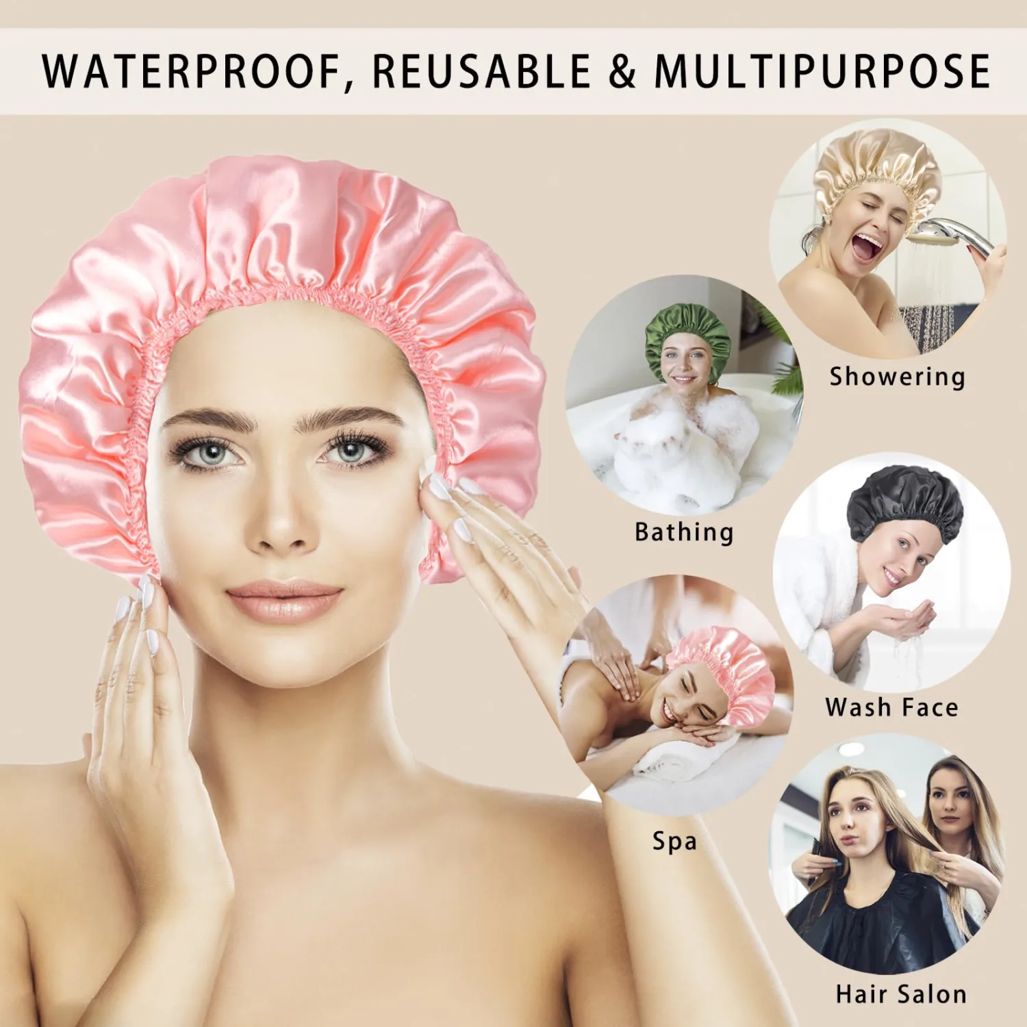 Shower Caps for Women, 4 PCS Reusable Waterproof Bath Cap