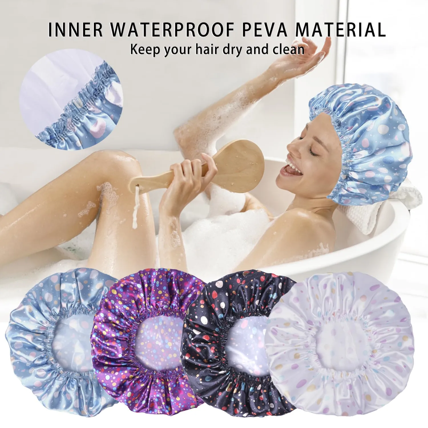 Shower Caps for Women, 4 PCS Reusable Waterproof Bath Cap