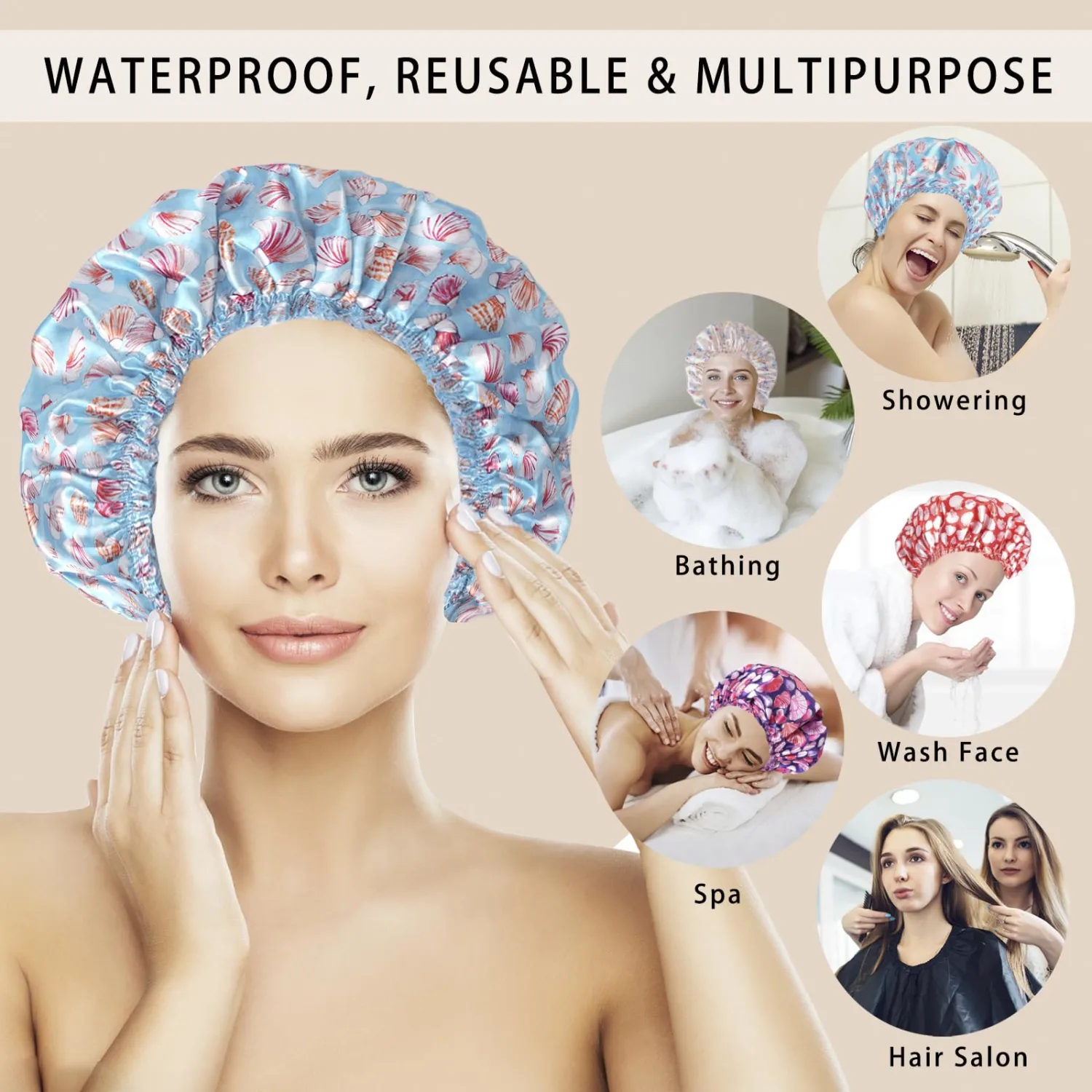 Shower Caps for Women, 4 PCS Reusable Waterproof Bath Cap